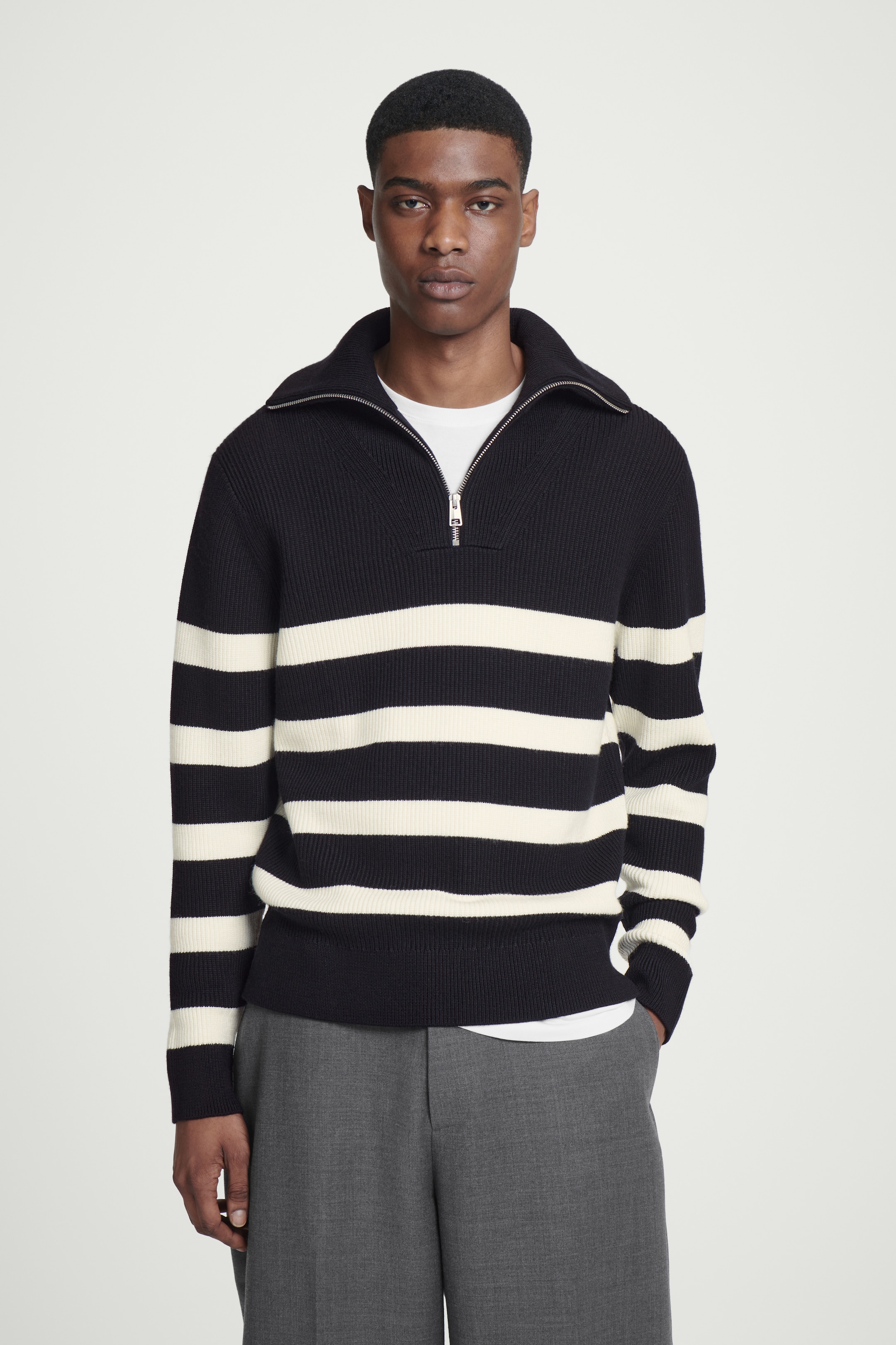 View larger image: MERINO WOOL HALF-ZIP JUMPER - BLACK / CREAM / STRIPED - Men | H&M GB 1