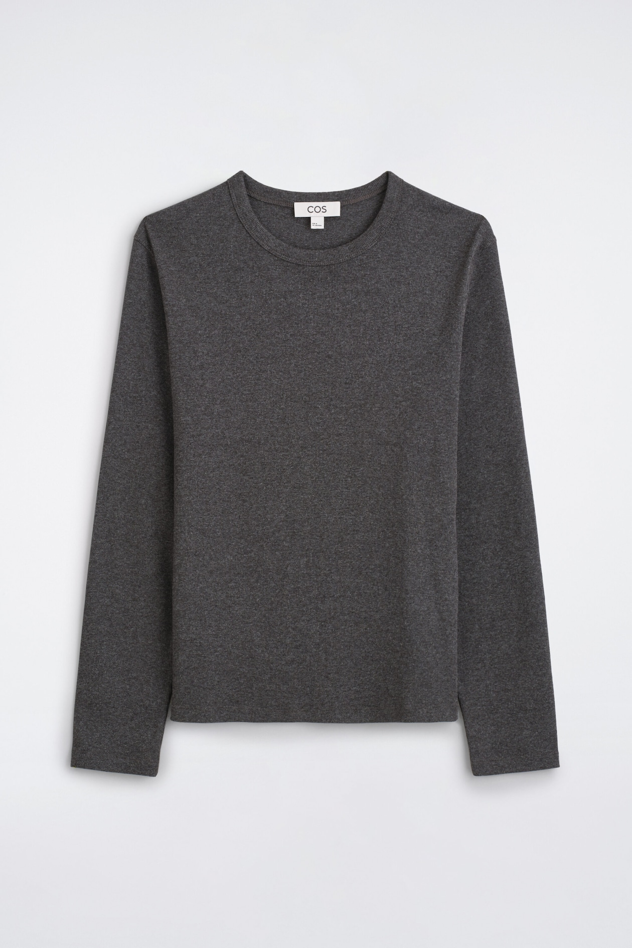 A dark gray long-sleeve T-shirt is shown from the front, featuring a classic crew neck with a ribbed collar, long sleeves, and a straight hem.