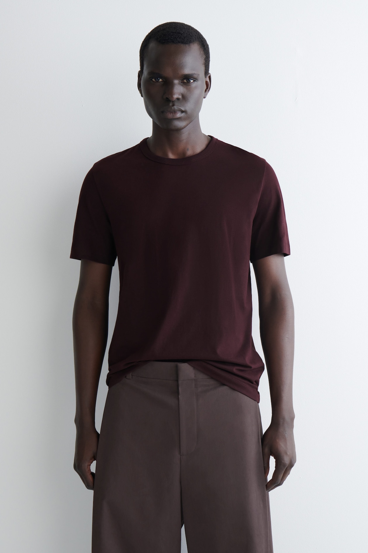 Burgundy cropped tied cotton blend shirt s main image 1