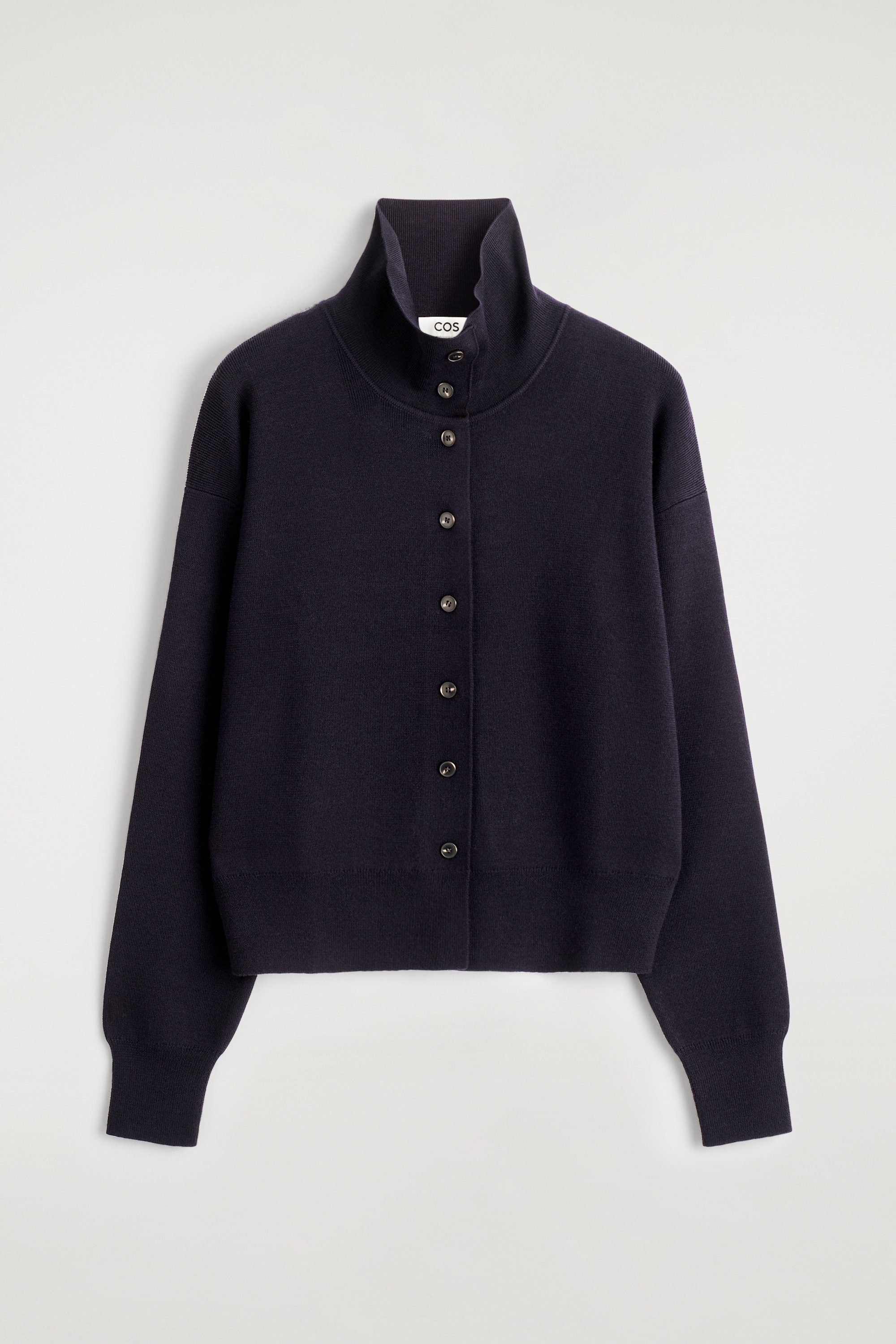 CARDIGAN À COL CHEMINÉE EN LAINE MÉRINOS - BLEU MARINE/BEIGE CHINÉ