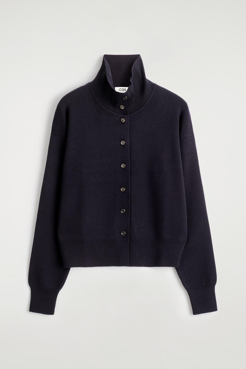 COS Merino Wool Funnel-Neck Cardigan Navy Women's Small