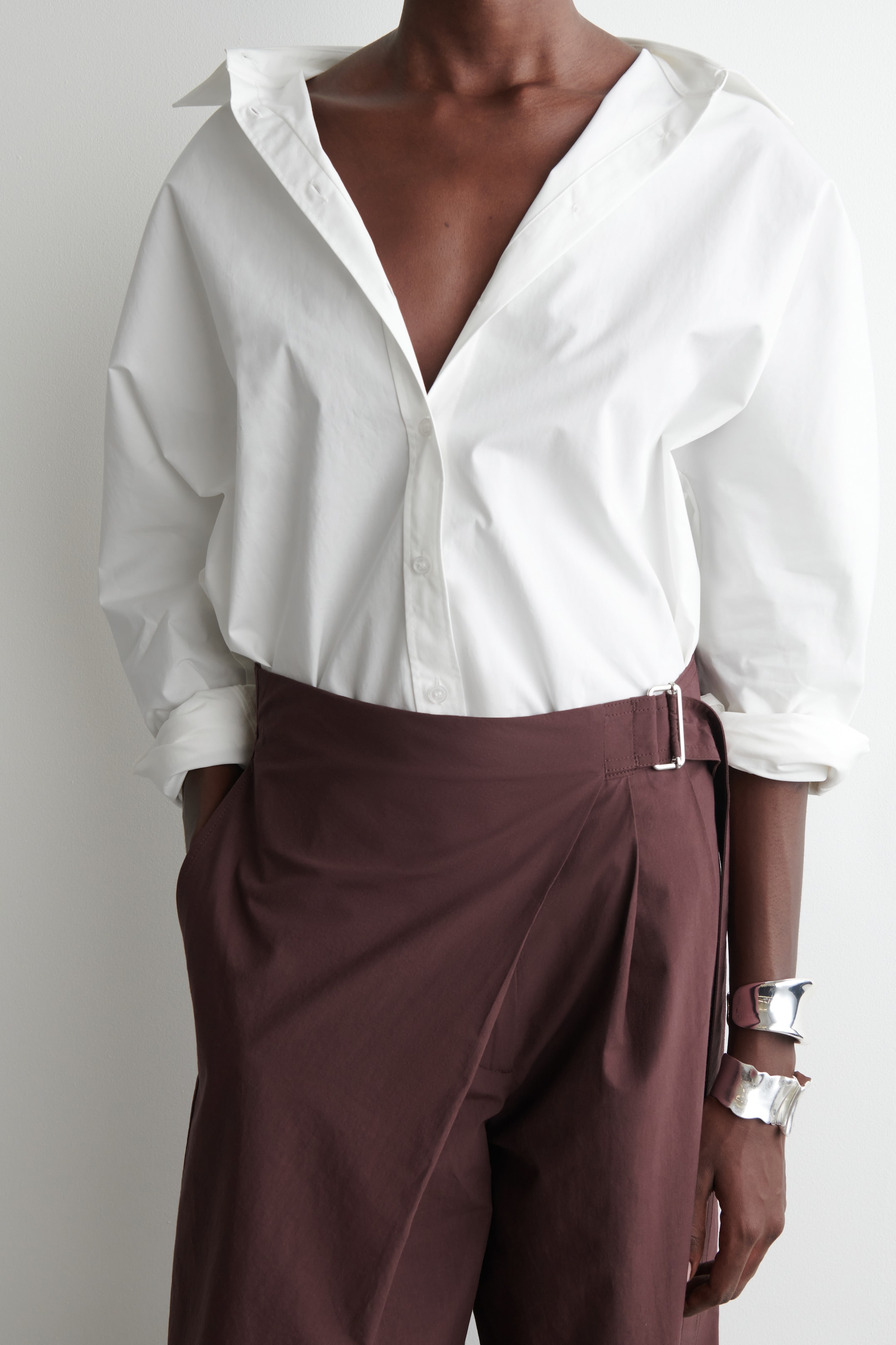 View larger image: BELTED WRAP-FRONT COTTON SHORTS - BURGUNDY - Ladies | H&M GB 5