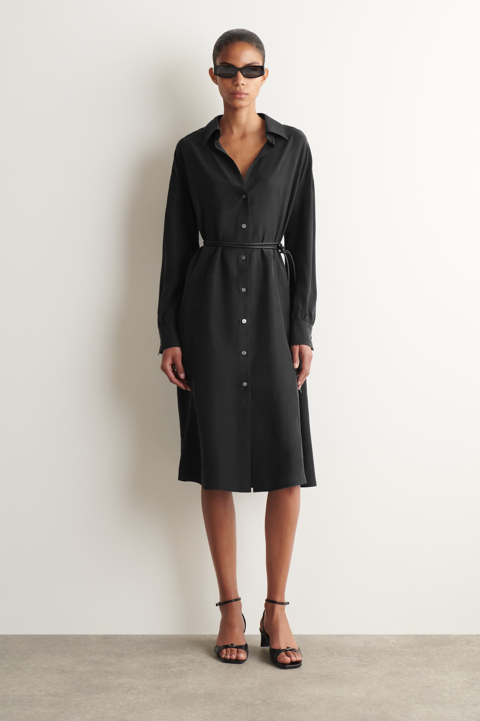 GATHERED WASHED-SILK MIDI SHIRT DRESS - BLACK - 1