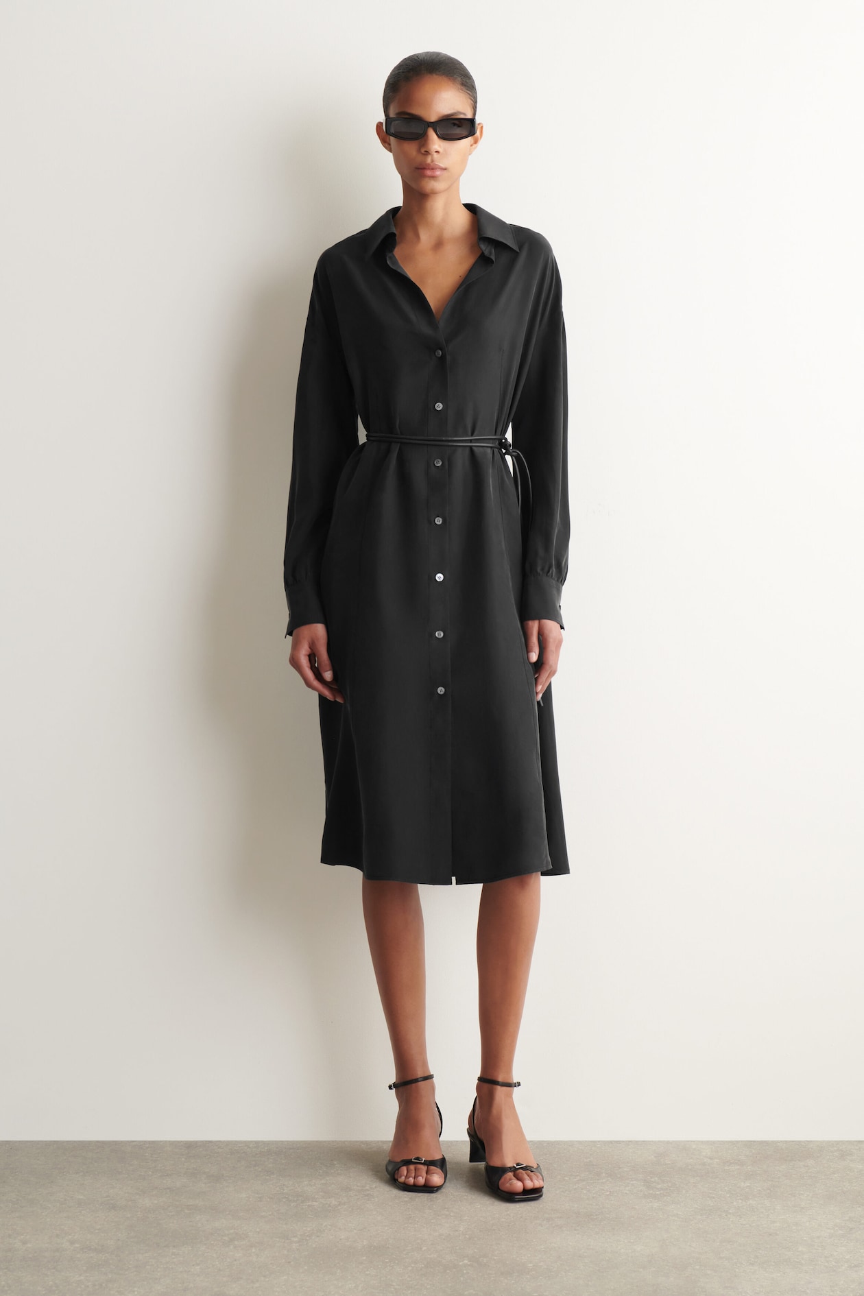 GATHERED CRINKLED-SILK MIDI SHIRT DRESS