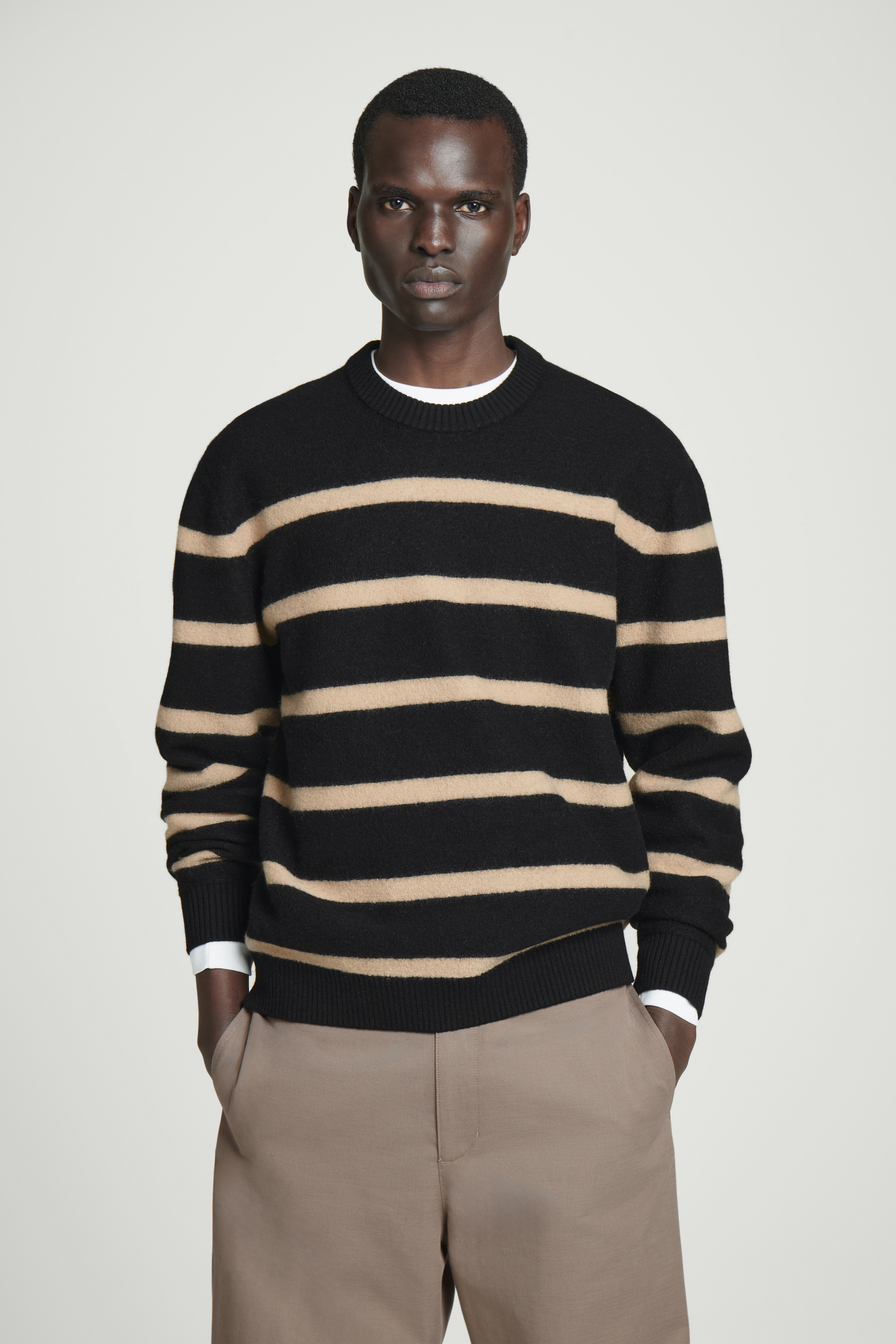 View larger image: BOILED-WOOL CREW-NECK JUMPER - BLACK / BEIGE / STRIPED - Men | H&M GB 1