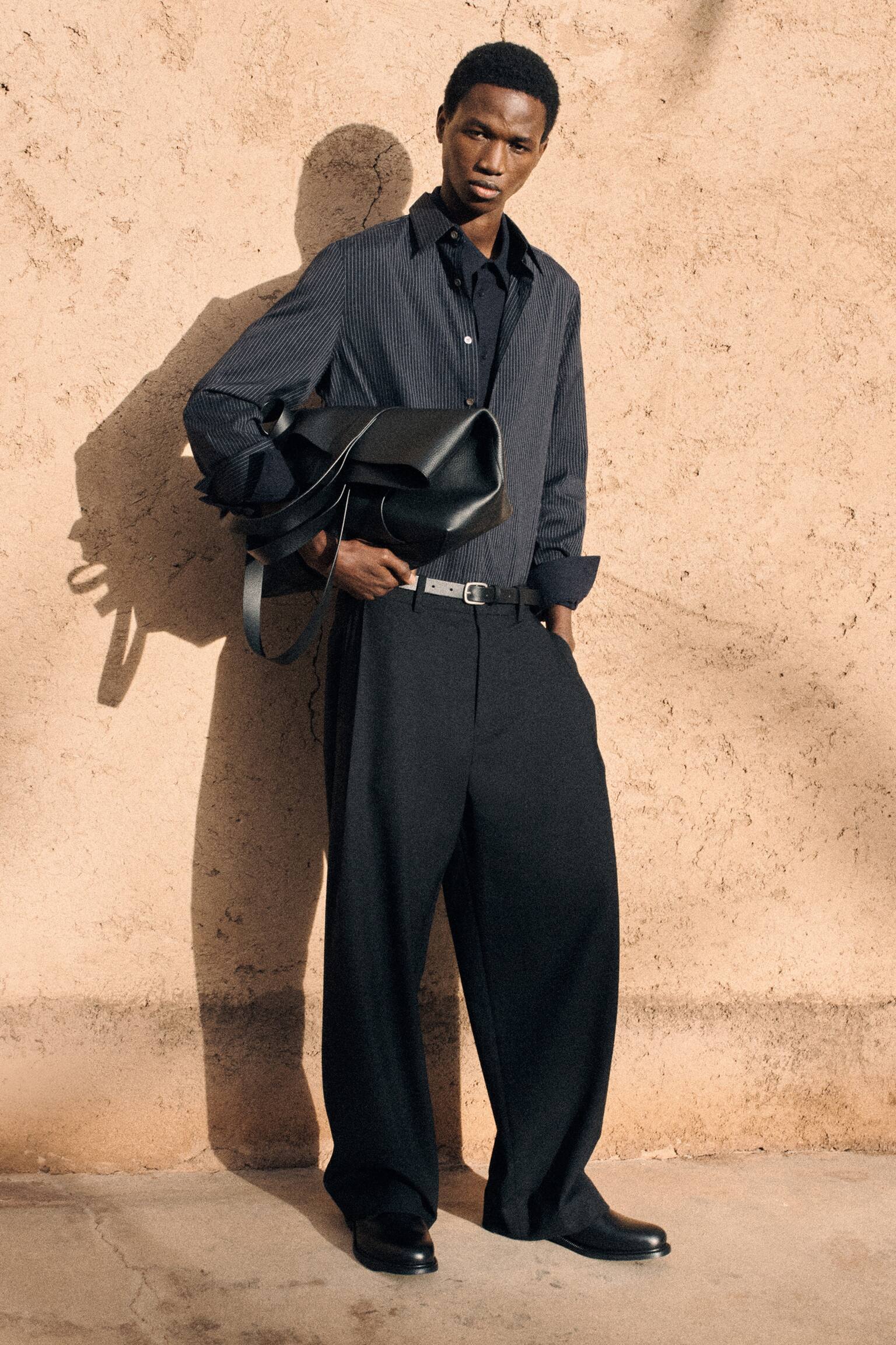 PANTALONI IN COTONE A GAMBA LARGA CON PIEGHE - NERO/GRIGIO - 4