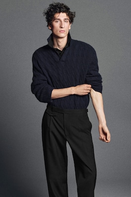 CABLE-KNIT PURE CASHMERE POLO SWEATER — NAVY 10