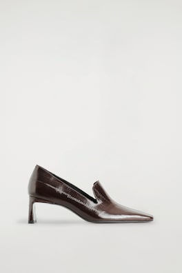 ANGULAR LEATHER HEELED LOAFERS — BROWN / EEL EFFECT 4