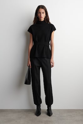 BELT-DETAIL FUNNEL-NECK WOOL VEST — BLACK 2