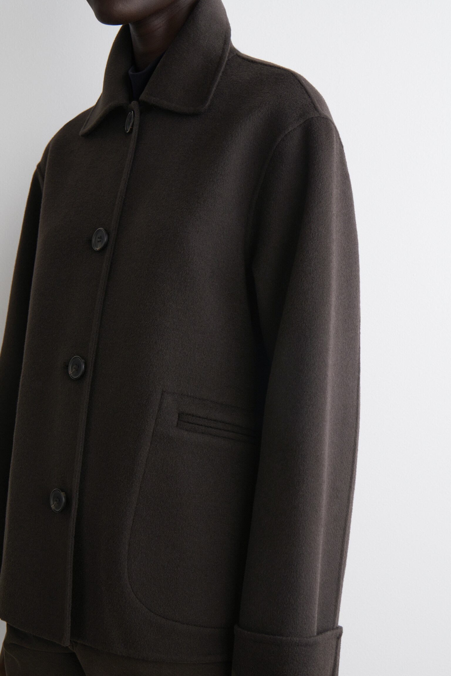 DOUBLE-FACED WOOL SHORT JACKET - DARK BROWN/BLACK - 6