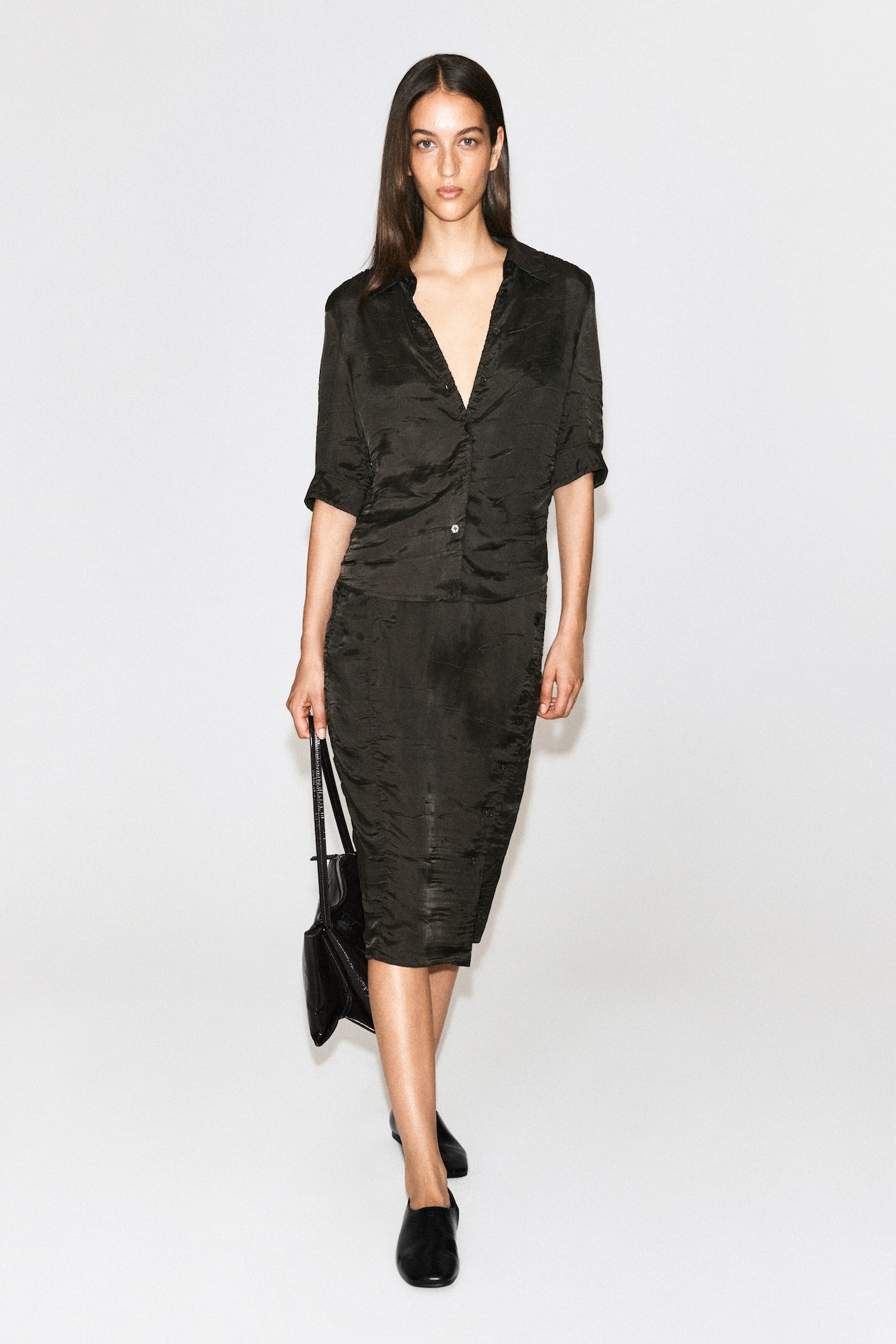 GATHERED CRINKLED SHIRT — BROWN