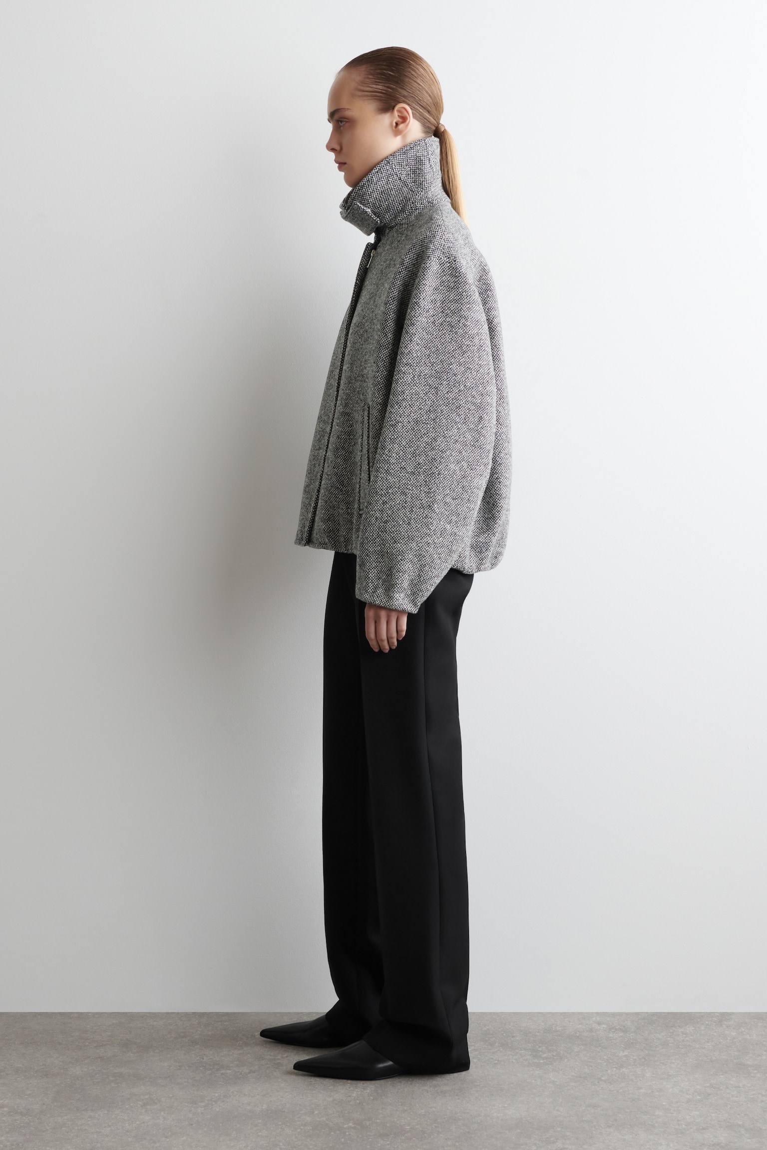 WOOL-TWEED FUNNEL-NECK JACKET - BLACK MÉLANGE - 8