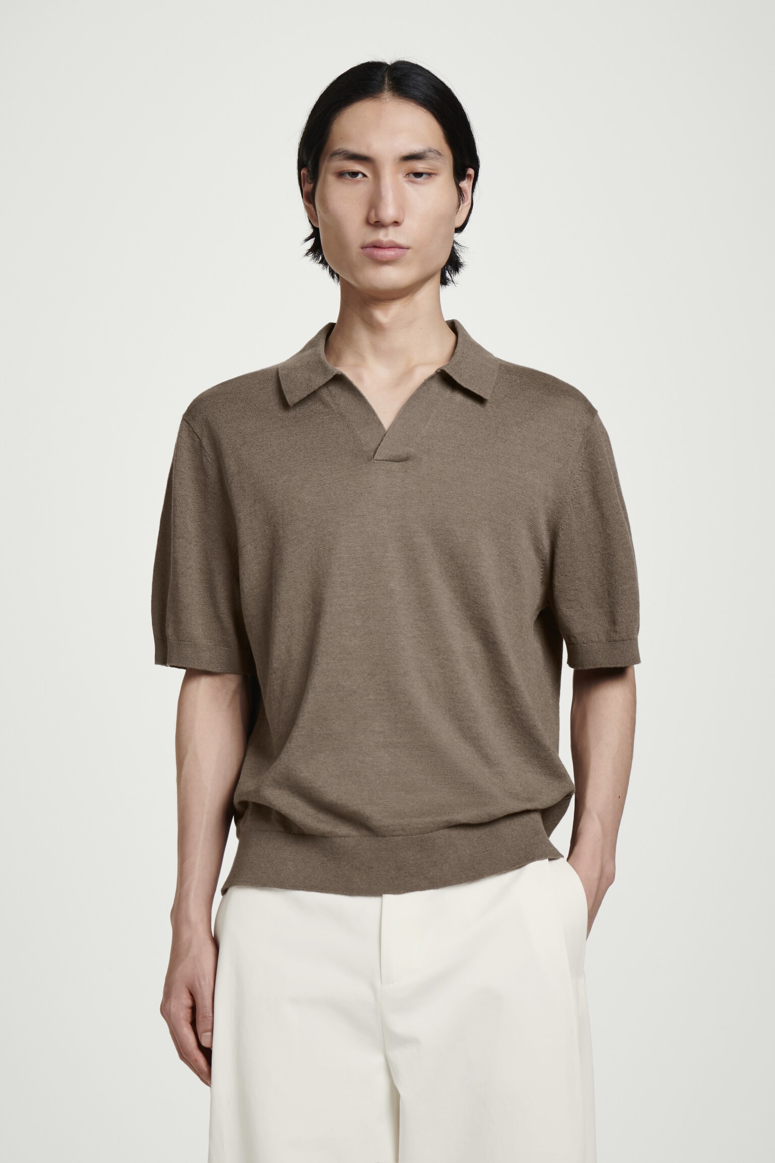 POLO EN MAILLE DE LIN - TAUPE FONCÉ/BLEU - 1