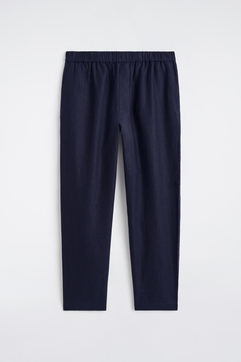 Elasticated Linen Regular-Fit Tapered Pants in Navy