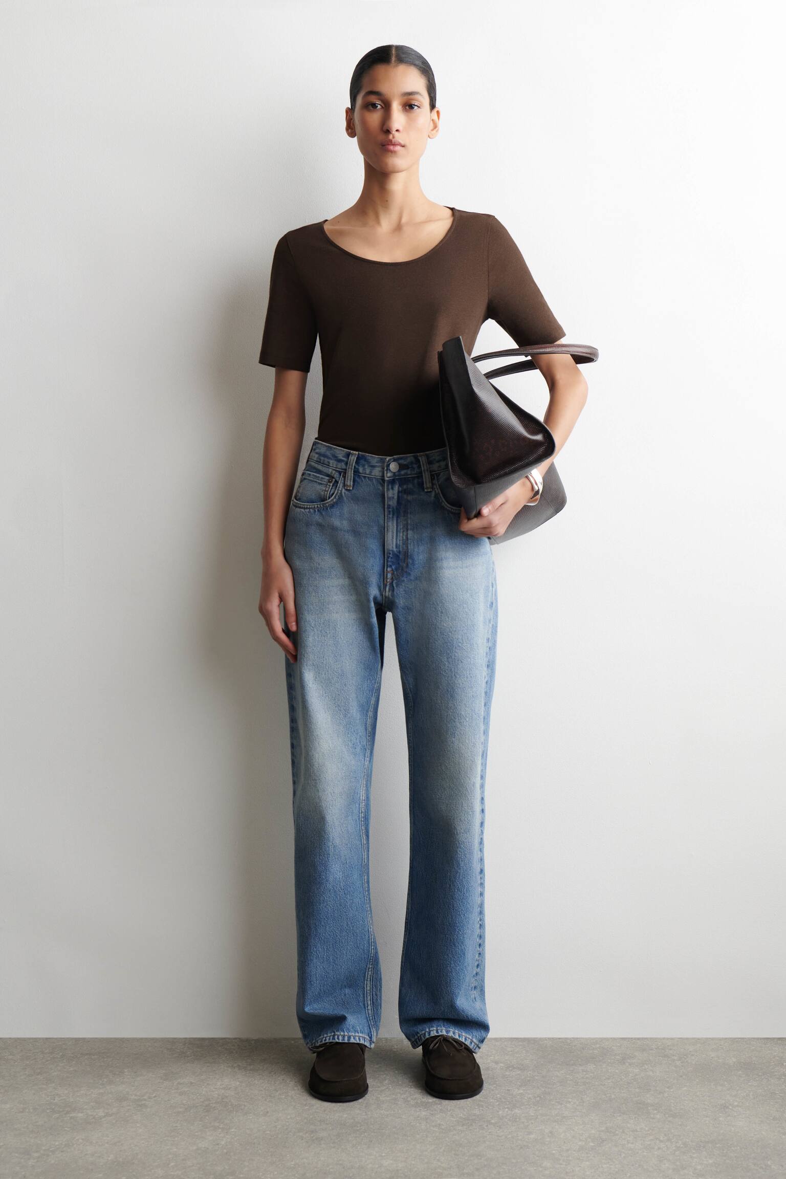 T-SHIRT SLIM IN COTONE CON SCOLLO ROTONDO - MARRONE MÉLANGE/BLU NAVY/AVORIO - 7