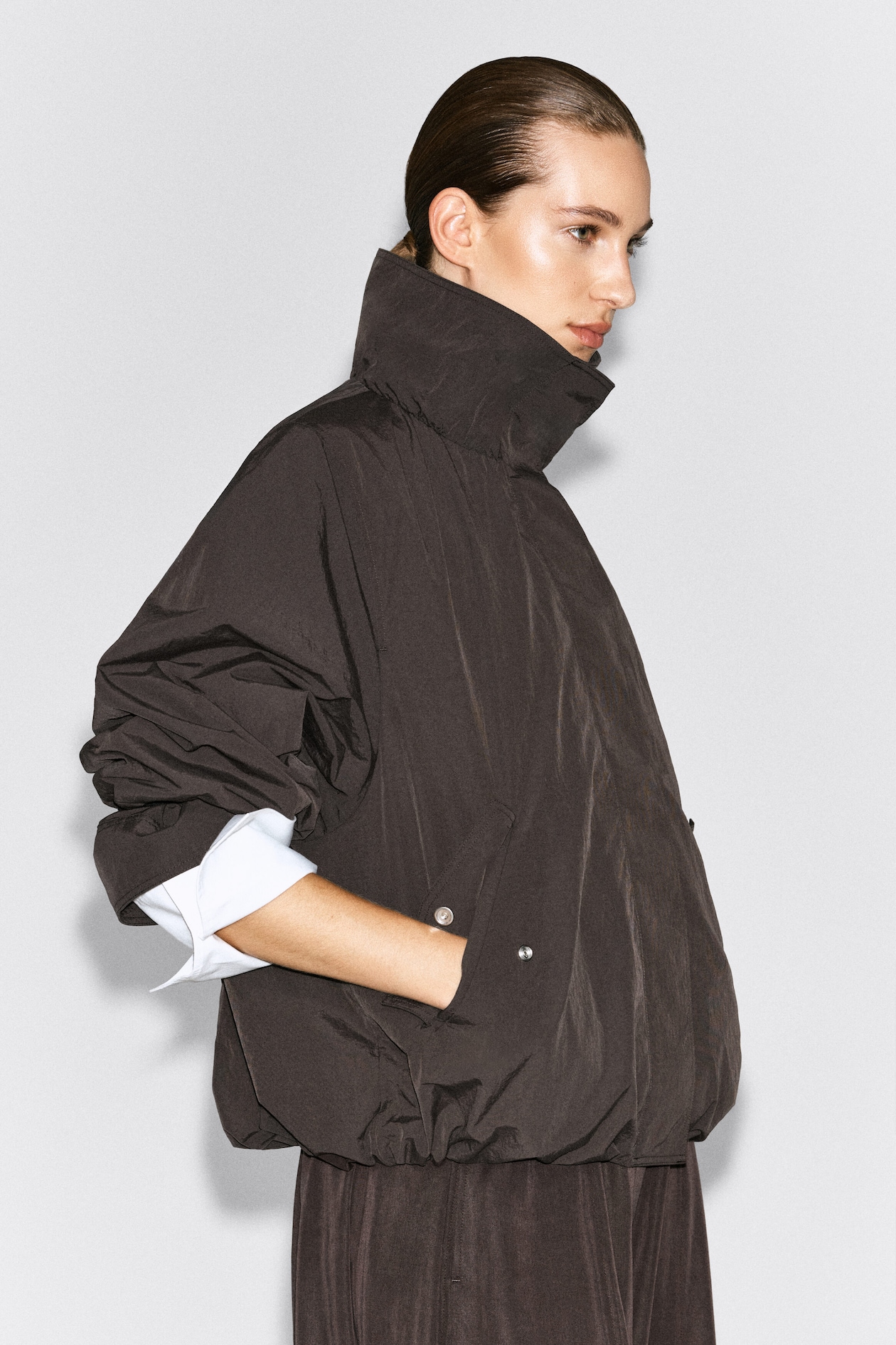 NYLON mock-NECK JACKET — BROWN