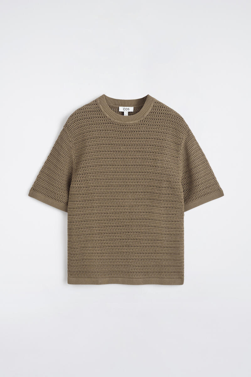 COS Open-Knit T-Shirt In Beige Men's Extra Large