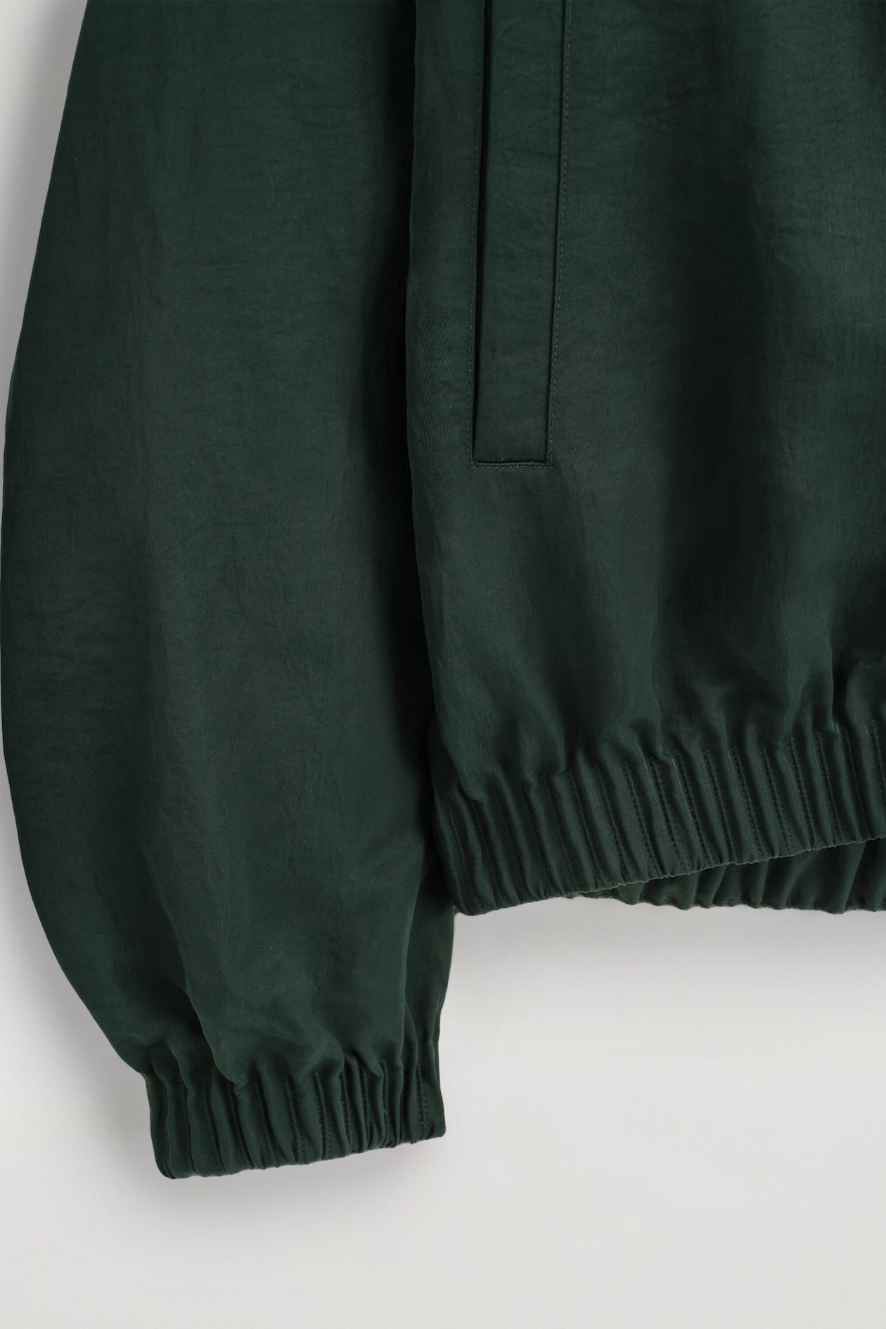 GATHERED NYLON BOMBER JACKET — DARK GREEN