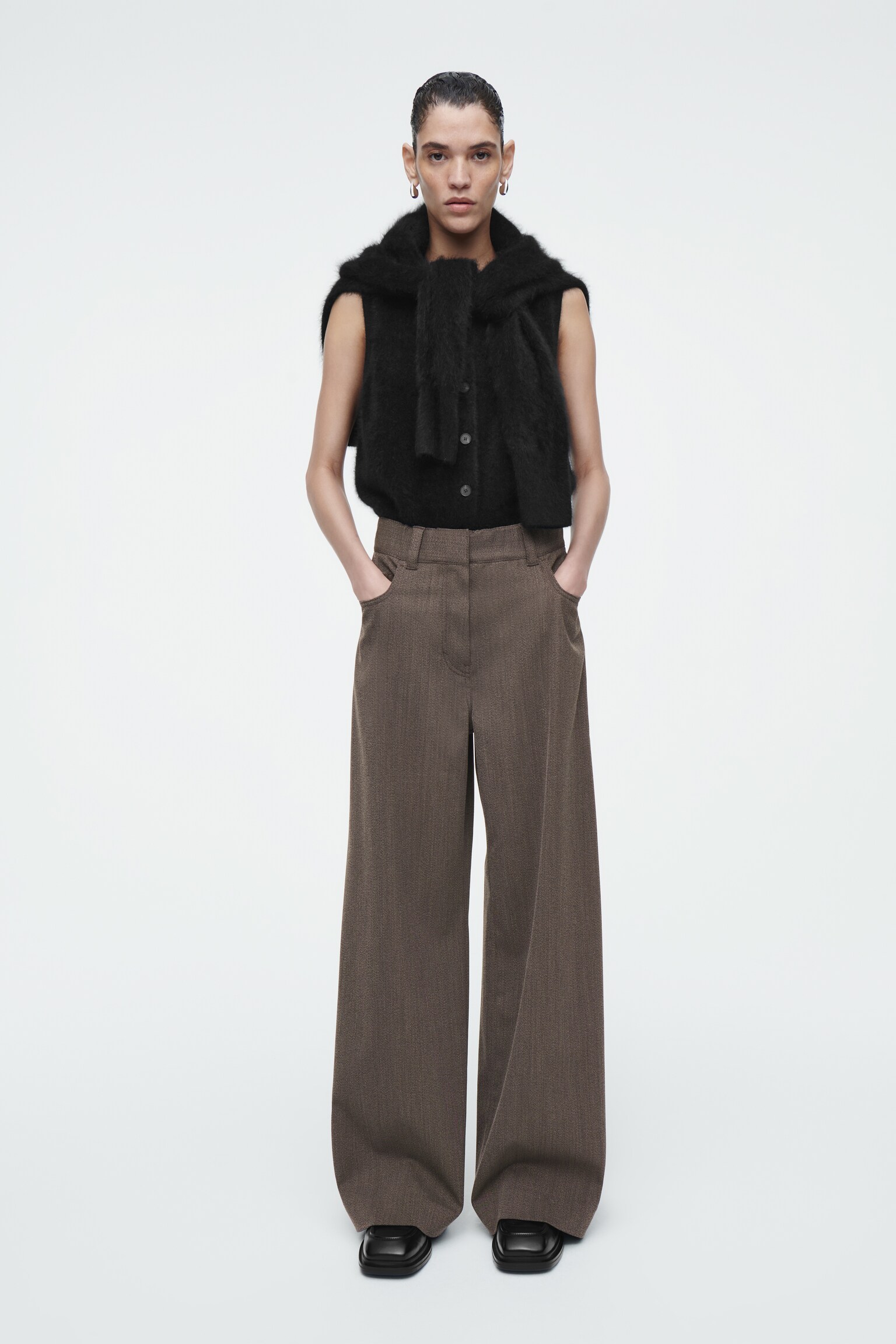 REGULAR WOOL-BLEND WIDE-LEG TROUSERS - BROWN/BROWN MÉLANGE