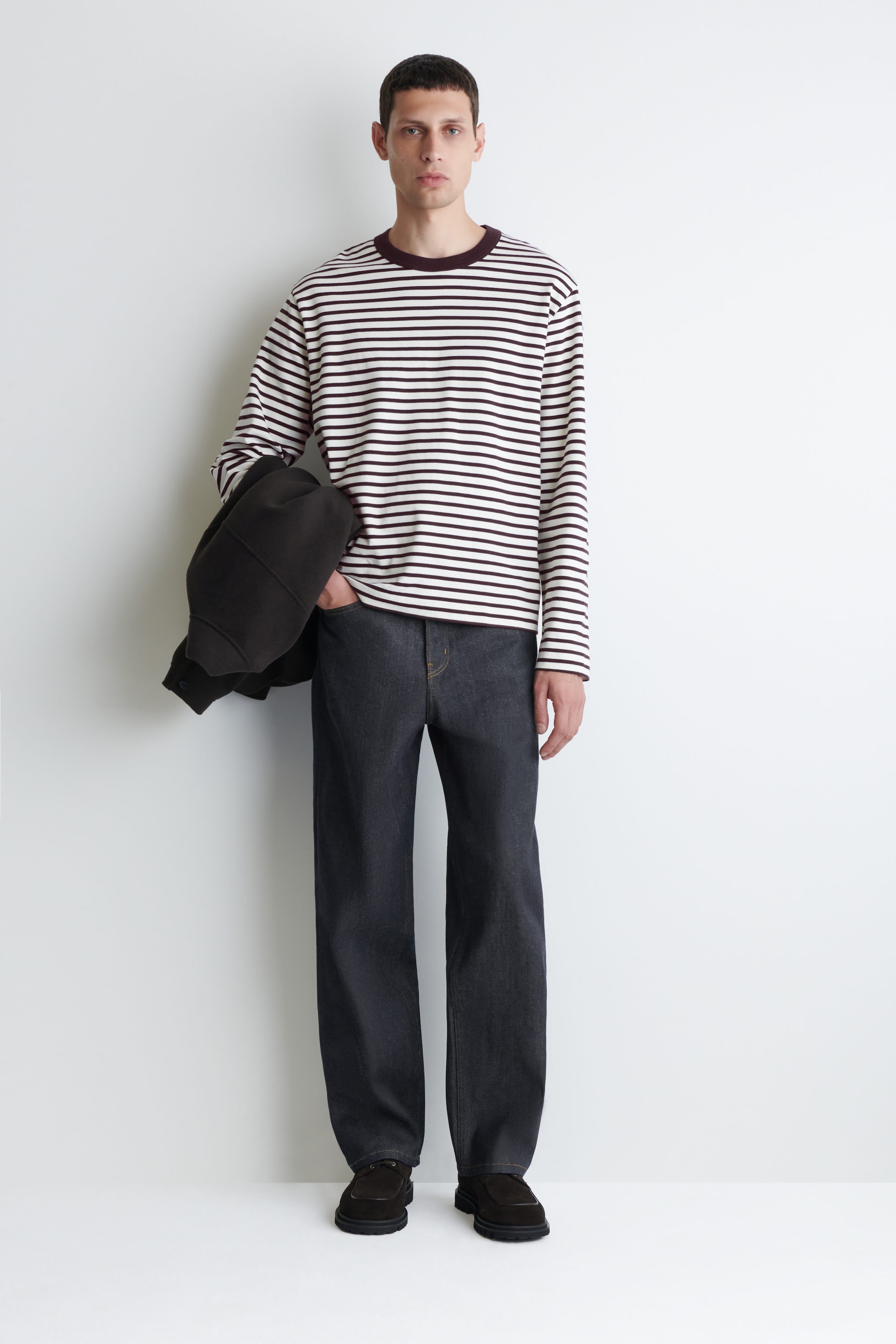 RELAXED JERSEY INTERLOCK LONG-SLEEVED T-SHIRT - RED / WHITE / STRIPED | COS