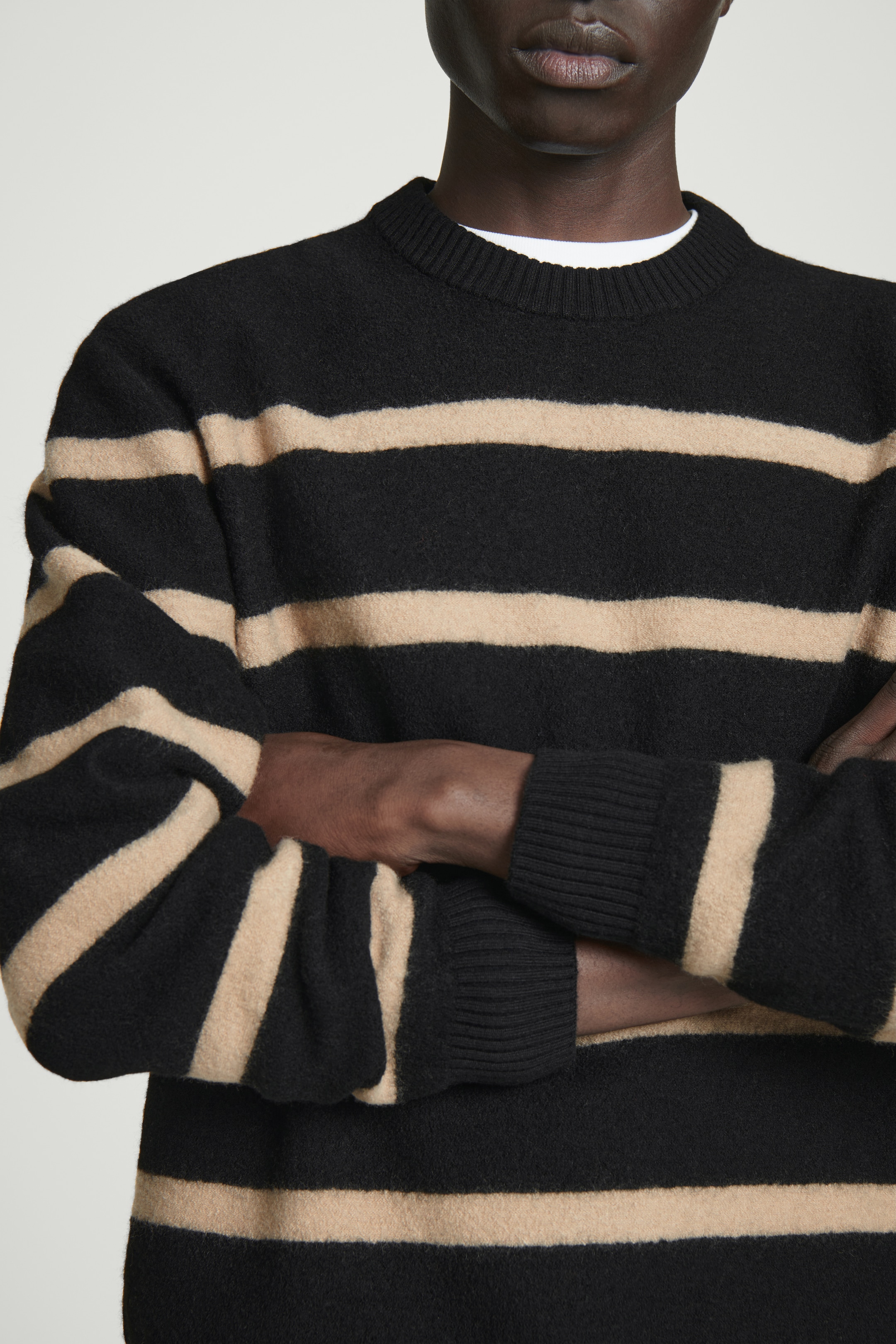 View larger image: BOILED-WOOL CREW-NECK JUMPER - BLACK / BEIGE / STRIPED - Men | H&M GB 5