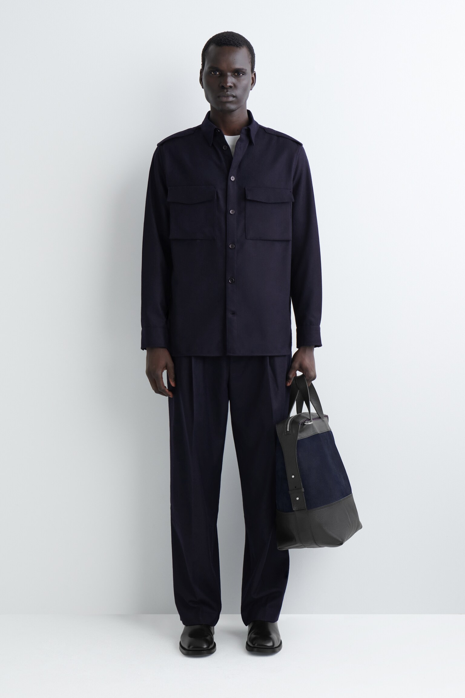 CHEMISE À COL BOUTONNÉ EN LAINE - BLEU MARINE/GRÈGE - 6