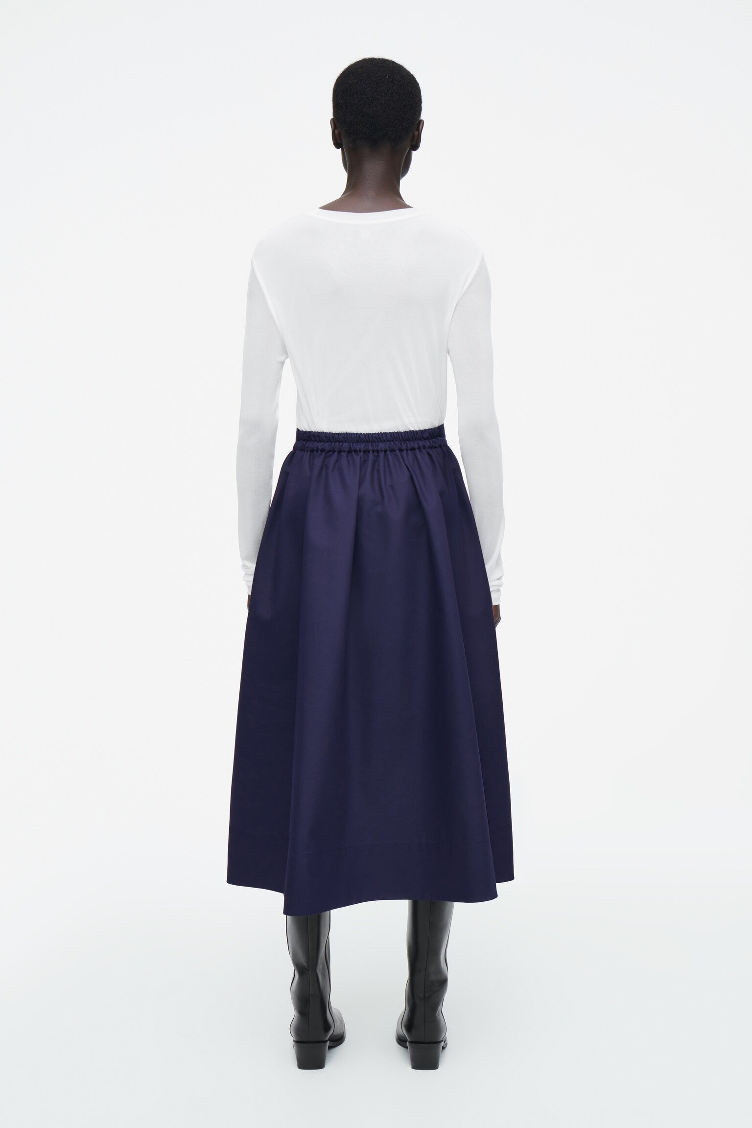 GATHERED A-LINE MIDI SKIRT - NAVY/BROWN - 4
