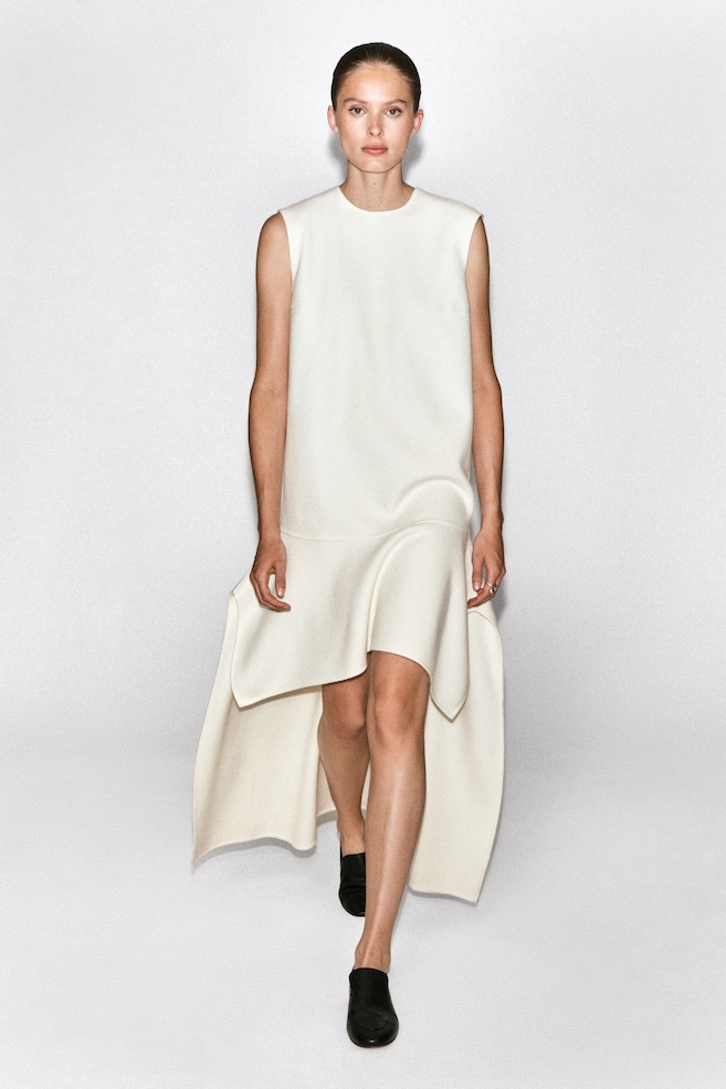 DROPPED-WAIST DOUBLE-FACED WOOL DRESS — OYSTER