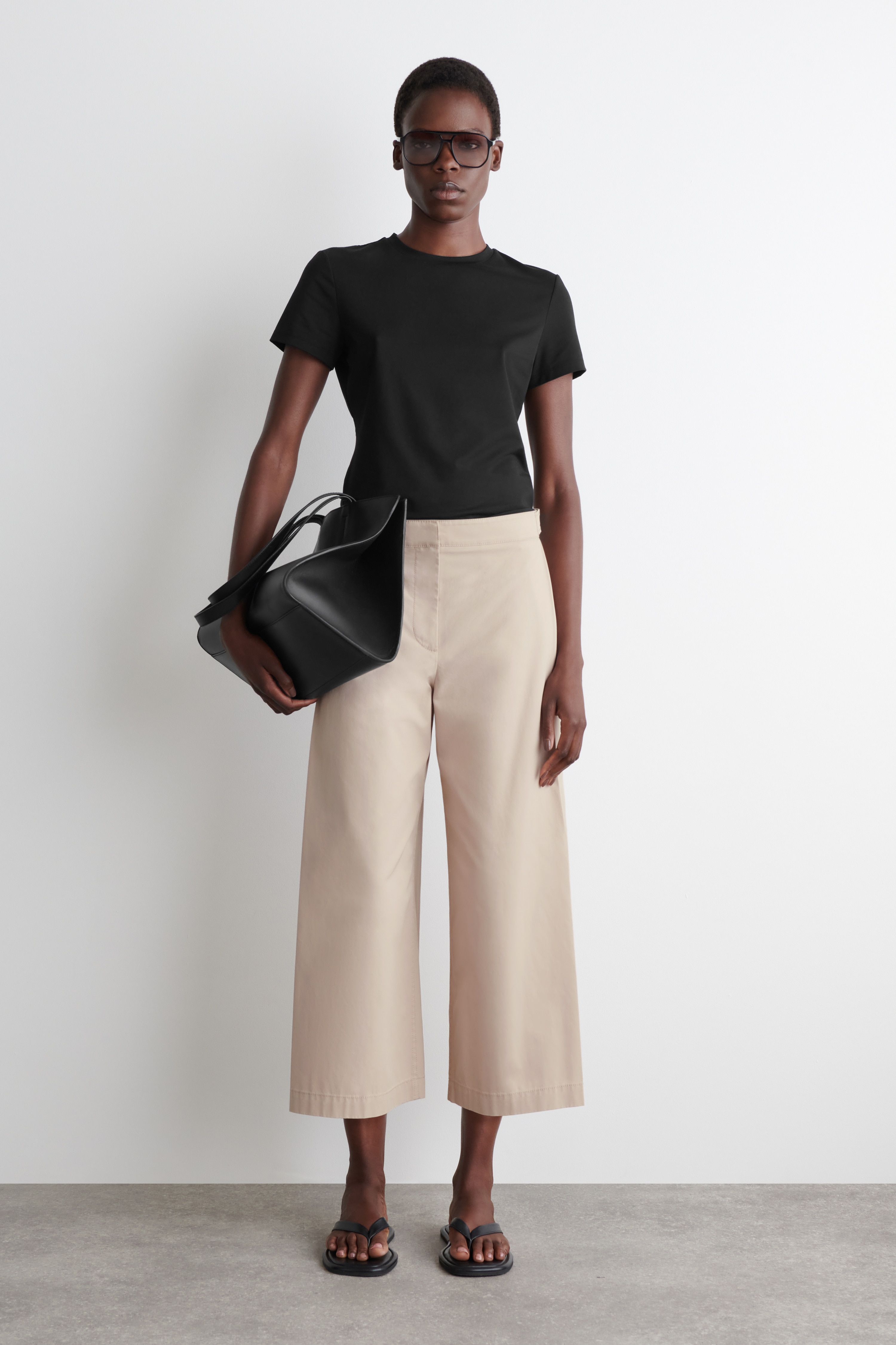 Cropped broek met wijde pijpen van katoen - Licht beige