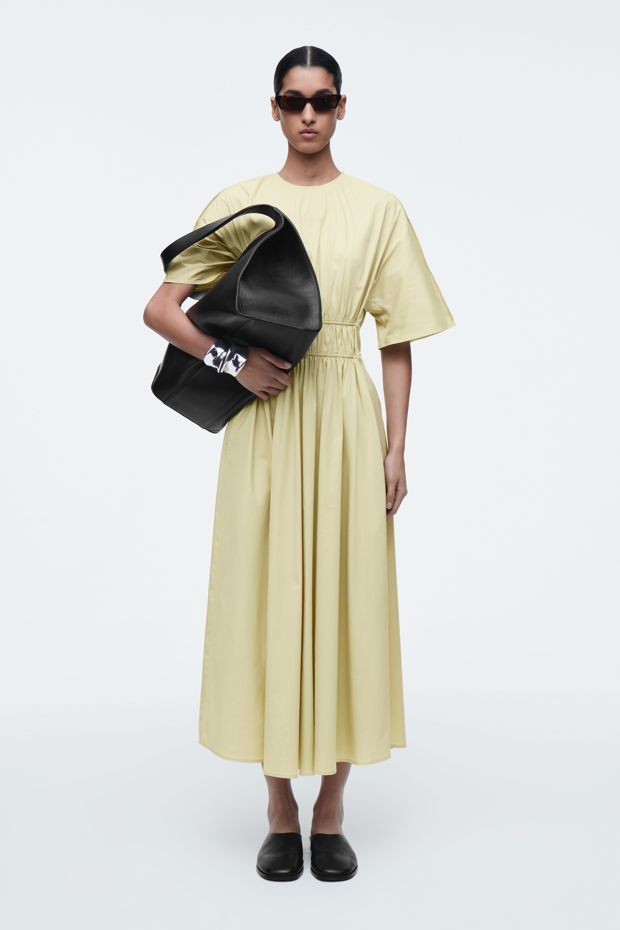 GATHERED OPEN-BACK MIDI DRESS
