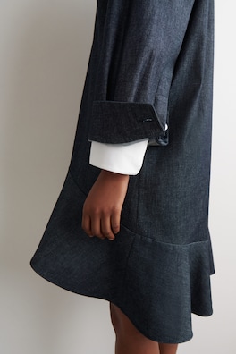 FLARED DENIM MINI SHIRT DRESS — INDIGO 2