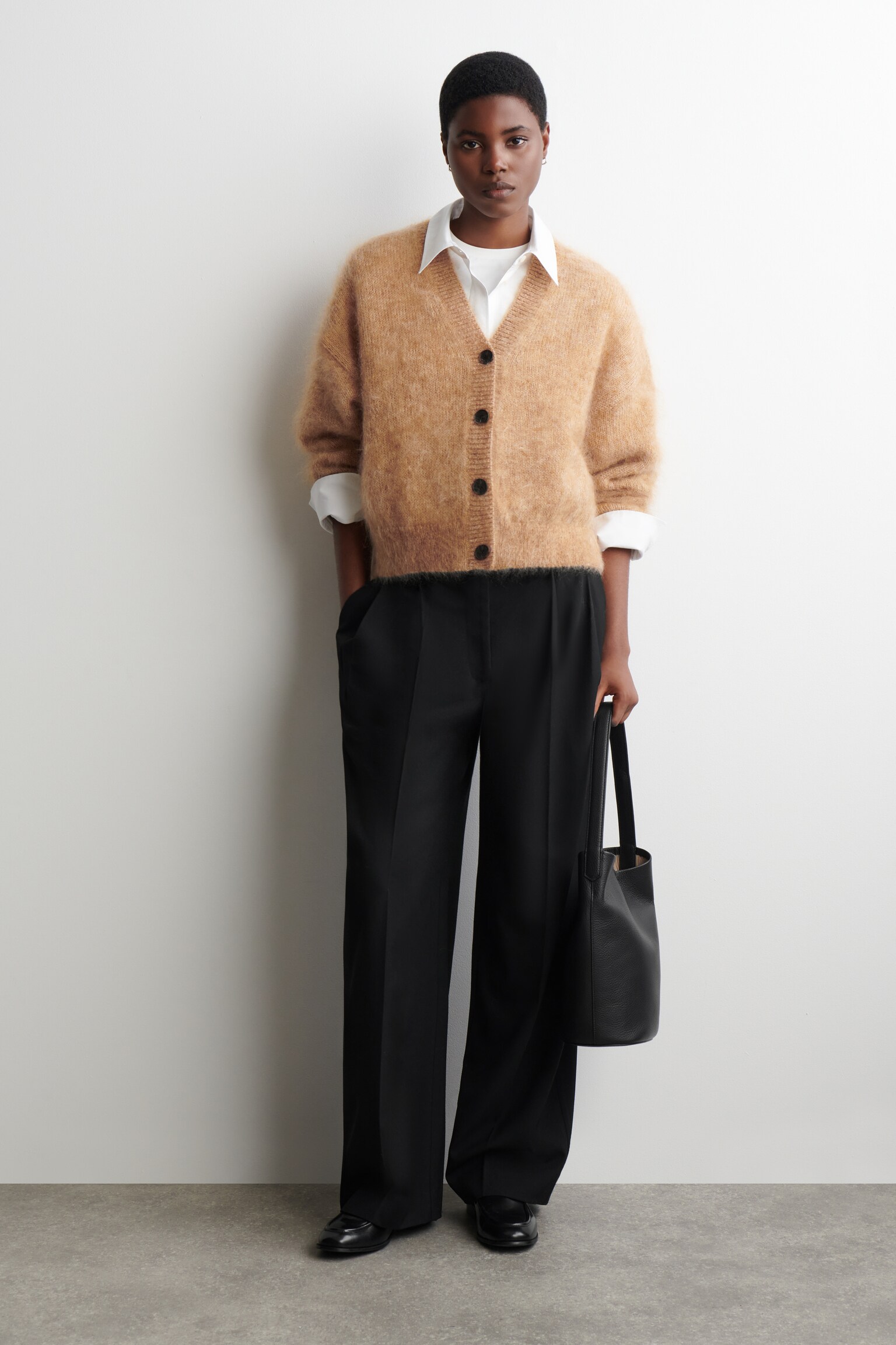 CARDIGAN À COL EN V EN MOHAIR ET LAINE - CAMEL CHINÉ - 5