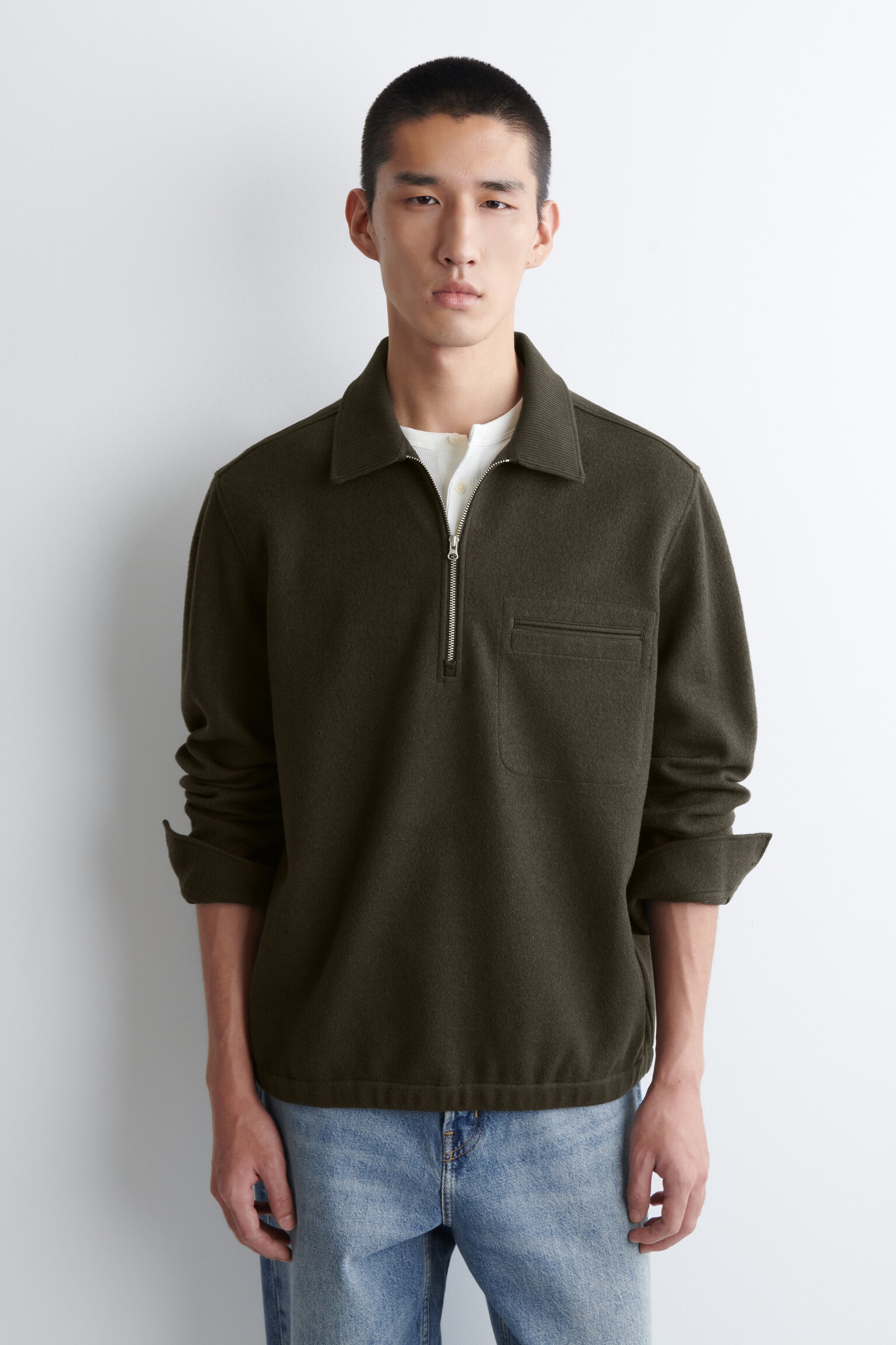 BOILED-WOOL ZIP-UP POLO JUMPER - KHAKI/CREAM/NAVY - 1