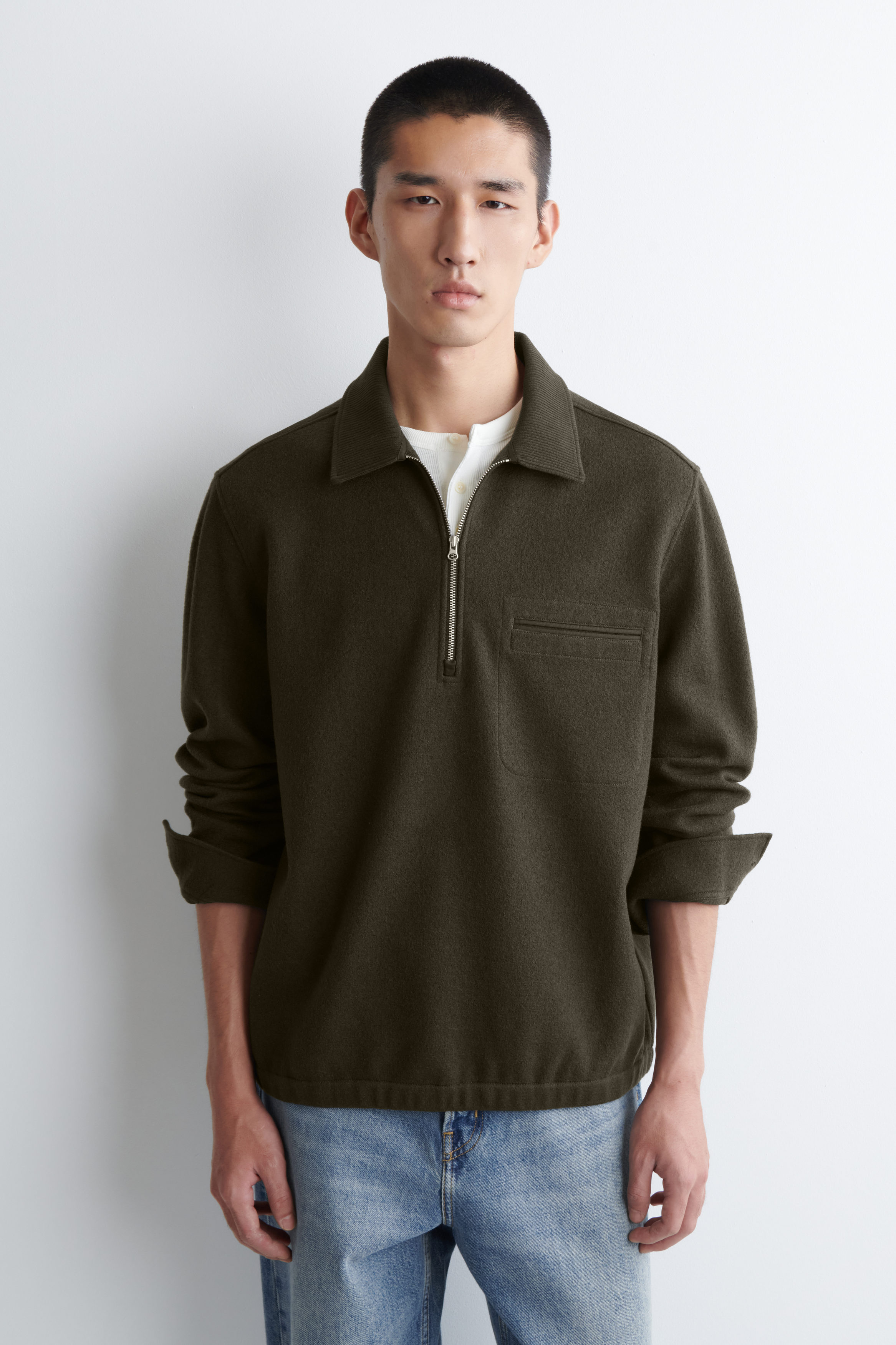 BOILED-WOOL ZIP-UP POLO JUMPER - KHAKI | COS
