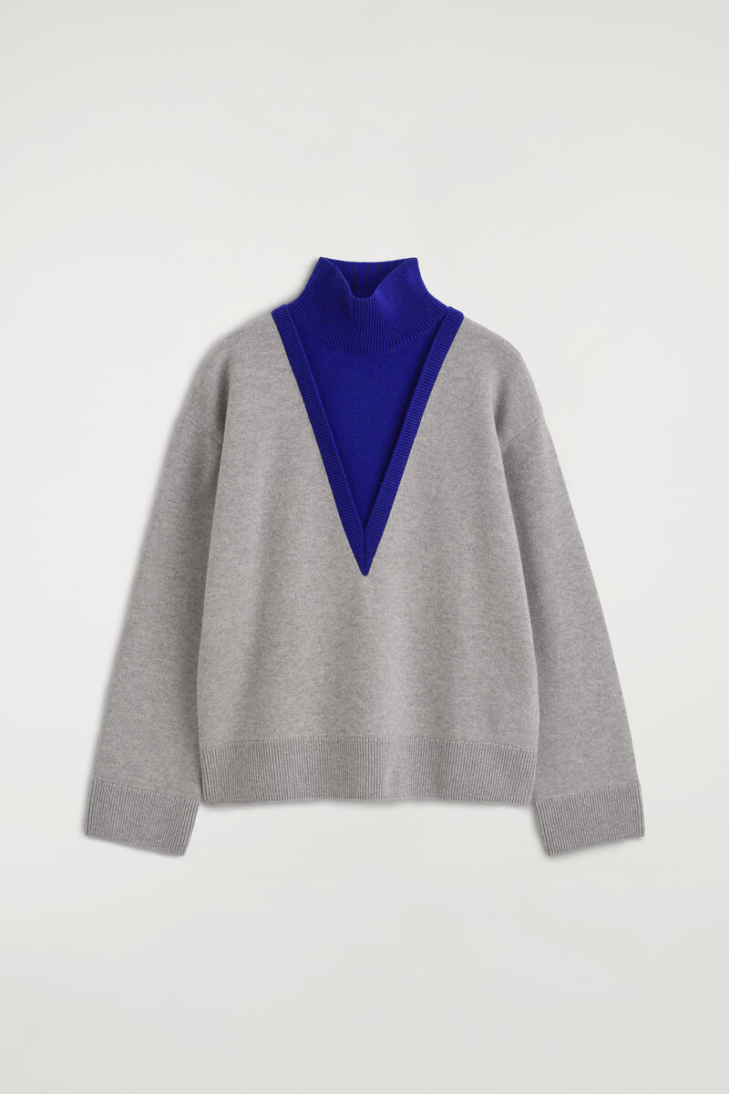 Layered Funnel-Neck Merino Wool Sweater