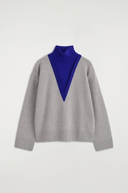 LAYERED MOCK-NECK MERINO WOOL SWEATER — GRAY / COBALT 8
