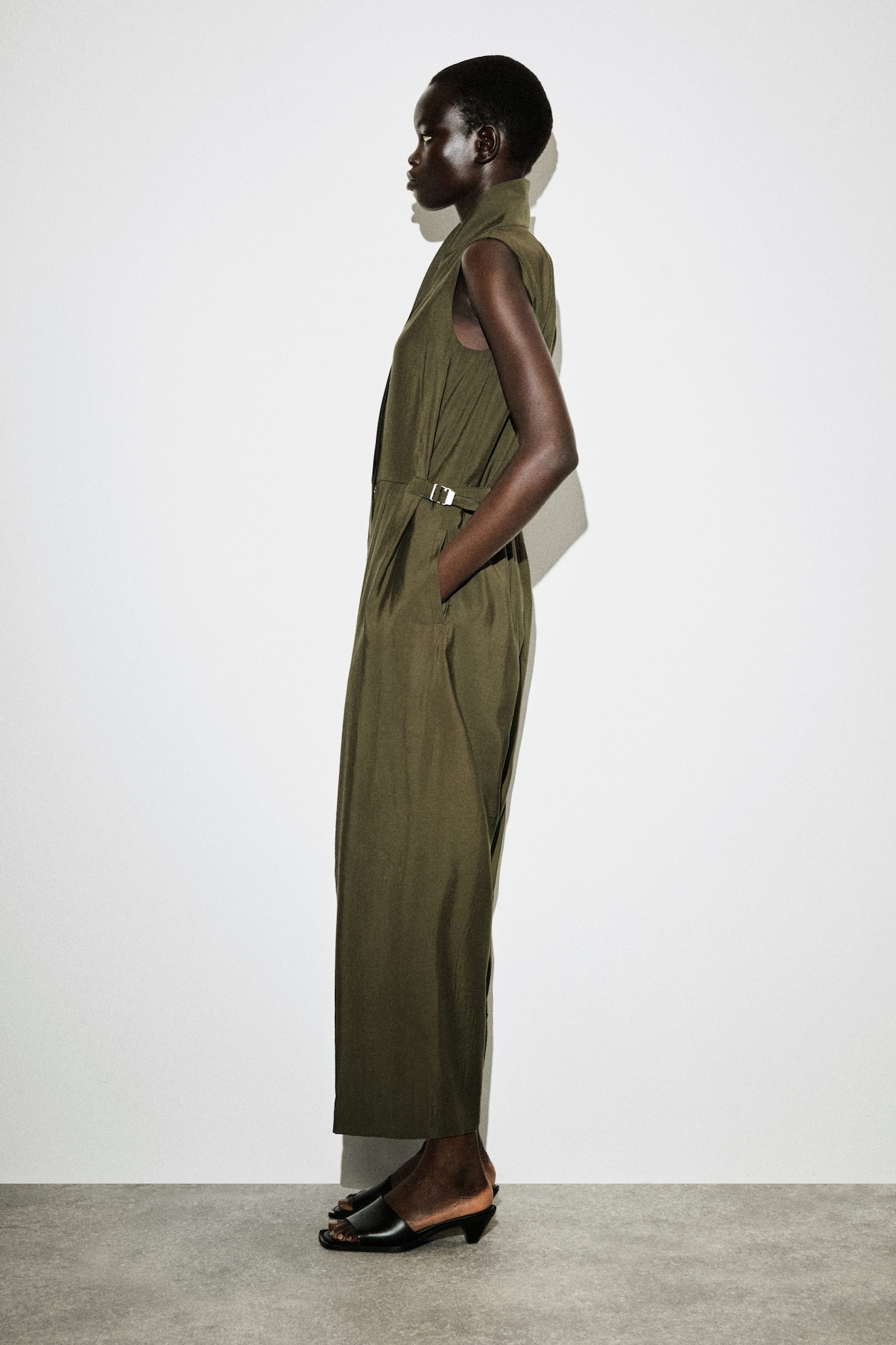 SHAWL-COLLAR UTILITY JUMPSUIT — KHAKI