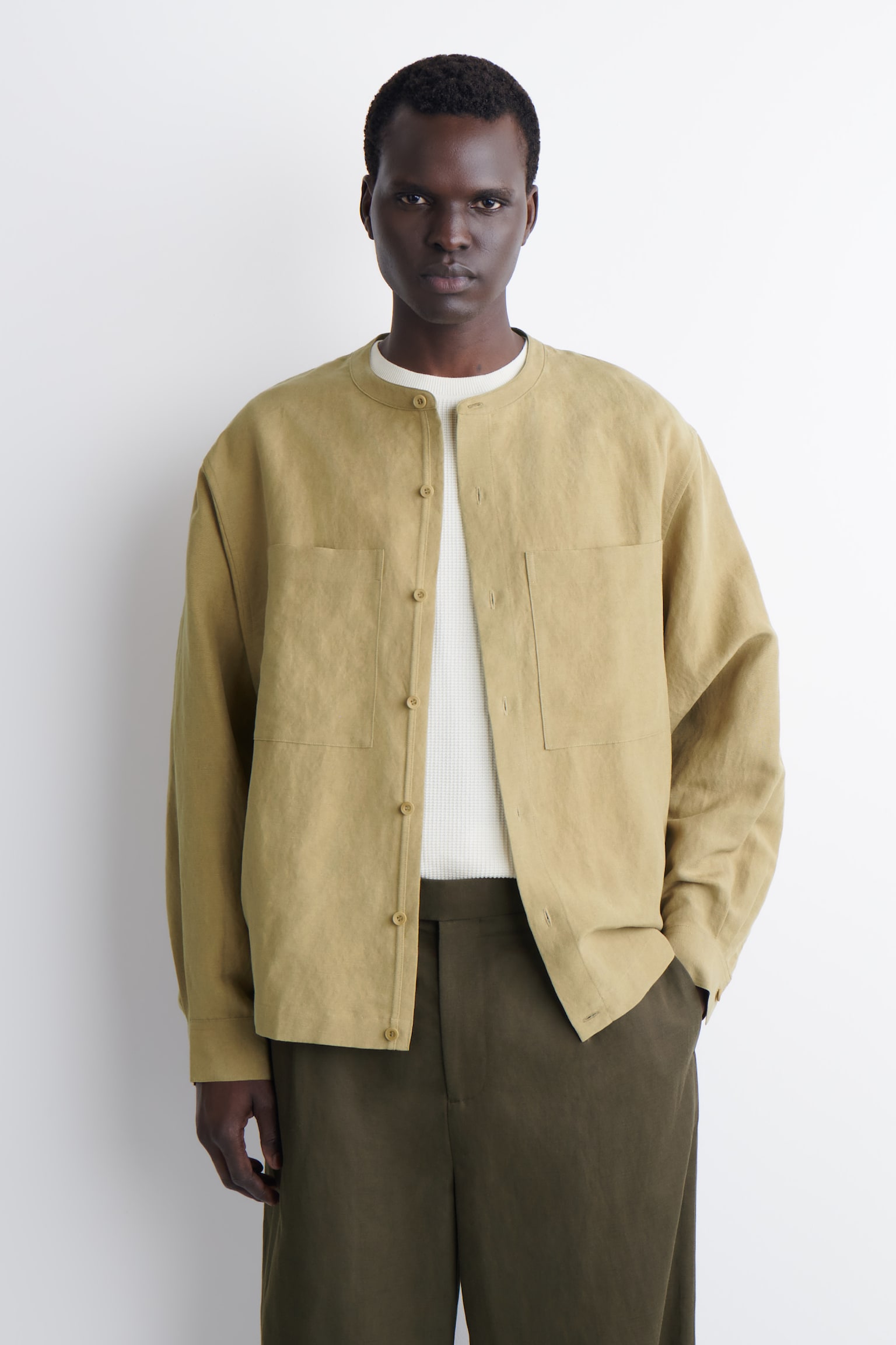 OVERSIZED GRANDAD-COLLAR LINEN SHIRT - BEIGE/DARK BROWN - 1