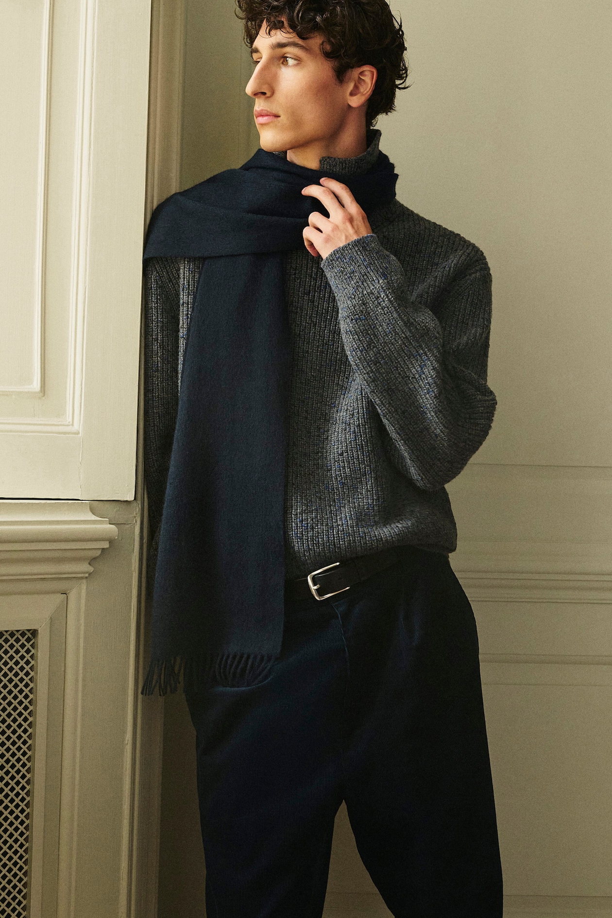 DONEGAL-EFFECT WOOL-COTTON POLO SWEATER — GRAY / COBALT