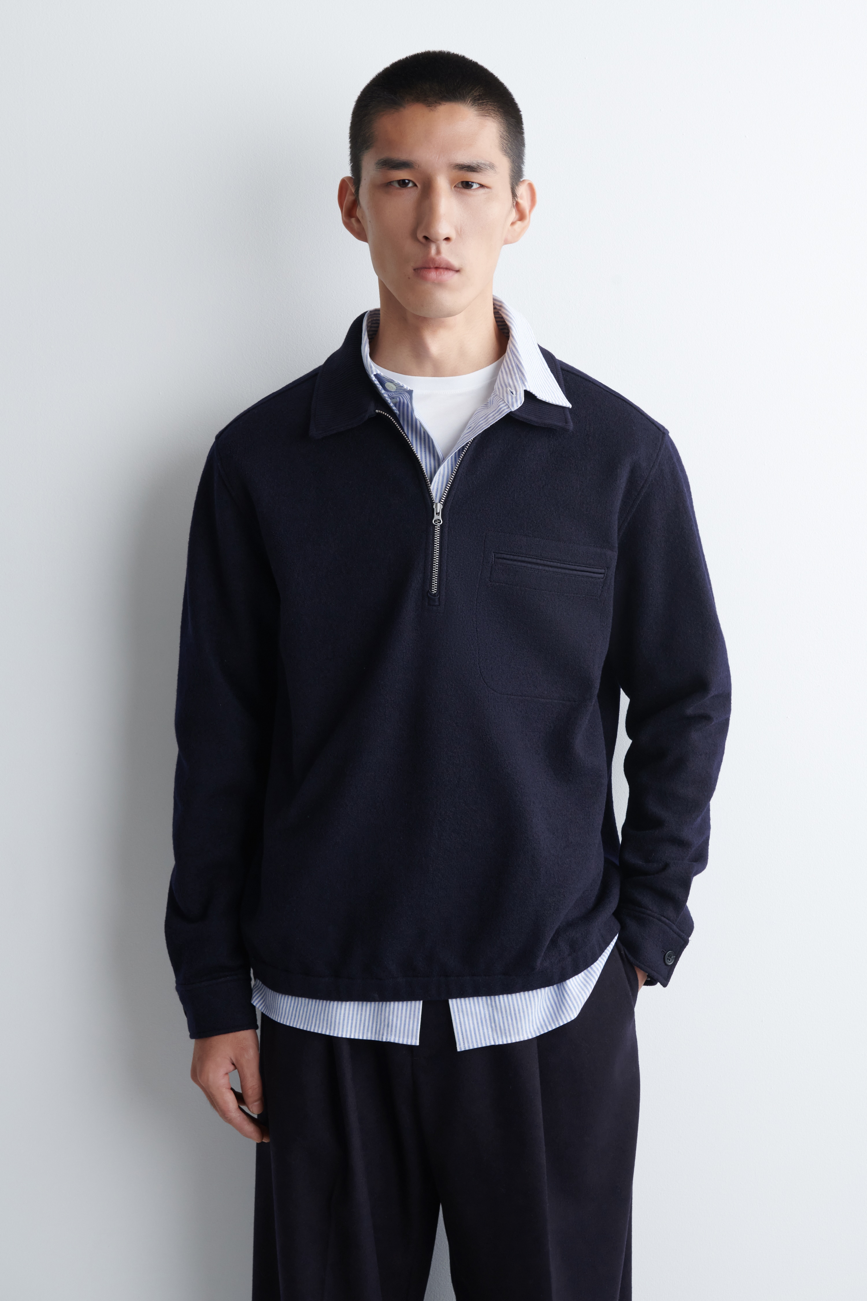 BOILED-WOOL ZIP-UP POLO JUMPER - TMAVĚ MODRÁ/KHAKI/OFF-WHITE