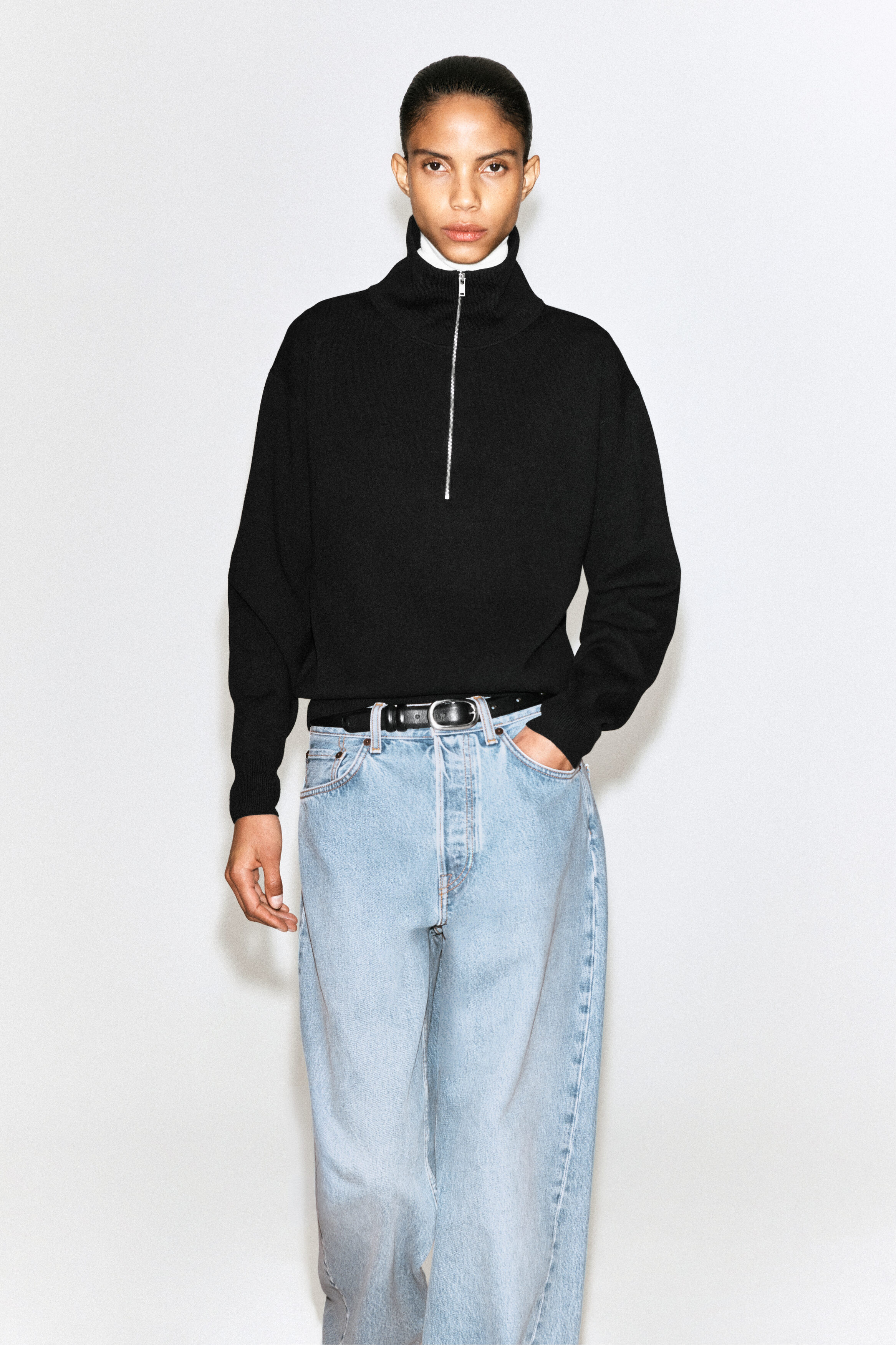 MOCK-NECK HALF-ZIP KNITTED SWEATER - BLACK | COS US