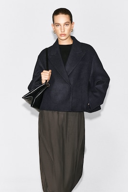 OVERSIZED CROPPED BOILED WOOL-BLEND BLAZER — NAVY 3