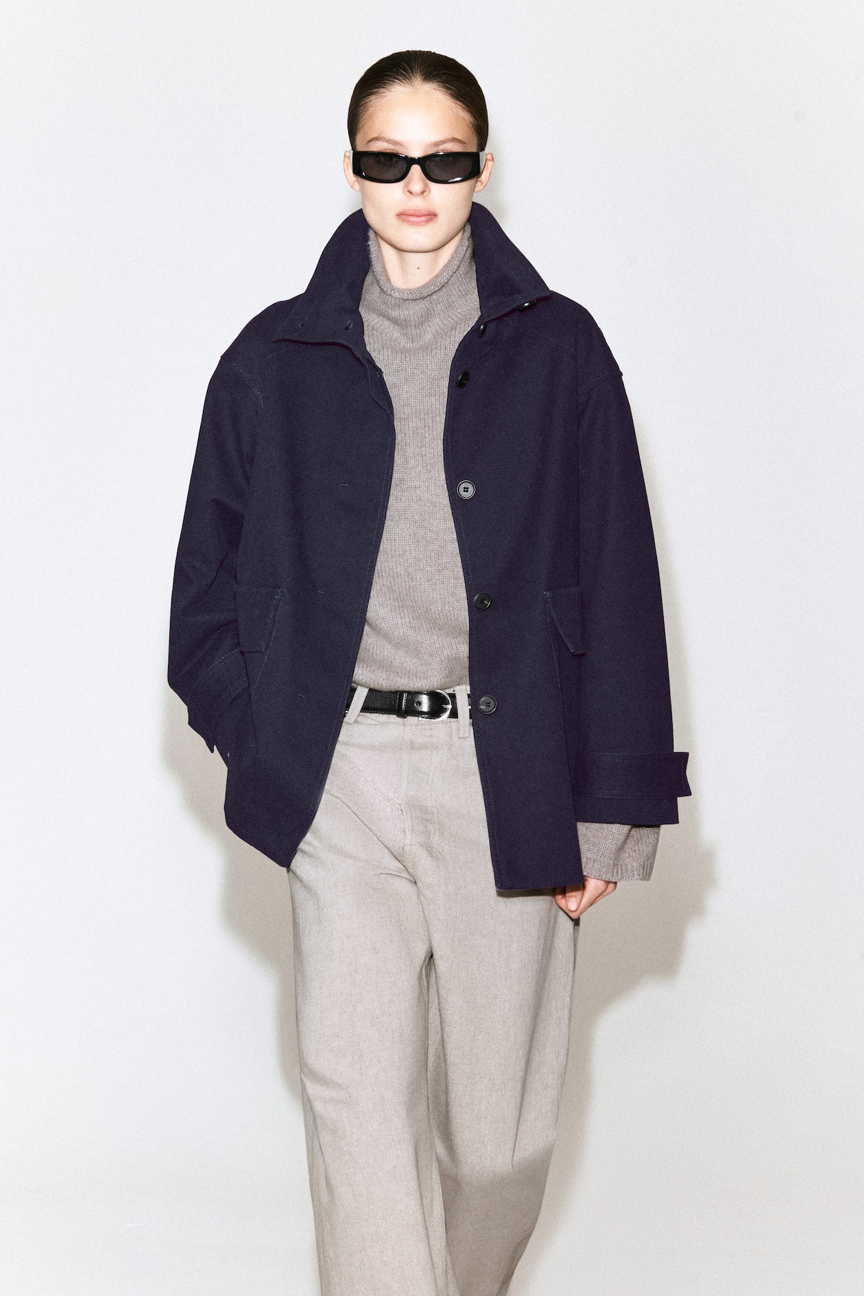 COTTON-TWILL MOCK-NECK JACKET — NAVY