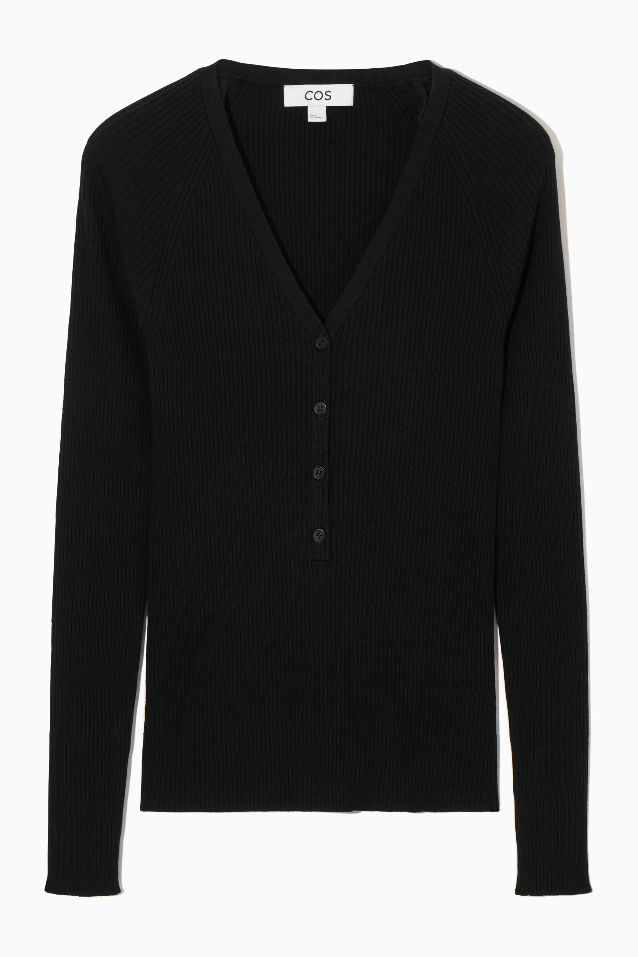 Näytä suurempi kuva: V-NECK RIBBED WOOL HENLEY TOP - BLACK - NAISET | H&M FI 1