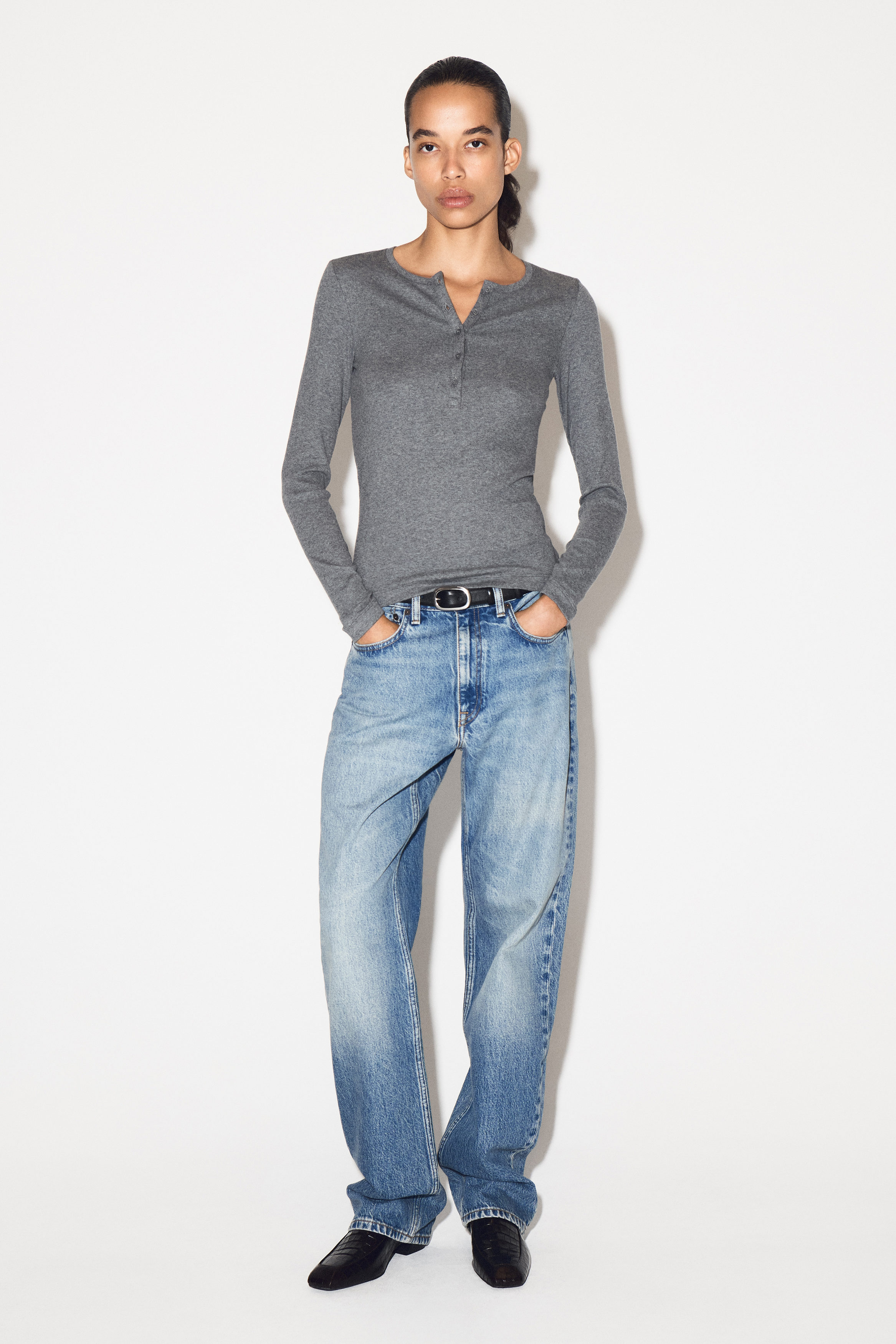 LONG-SLEEVED HENLEY TOP - GRAY MÉLANGE | COS