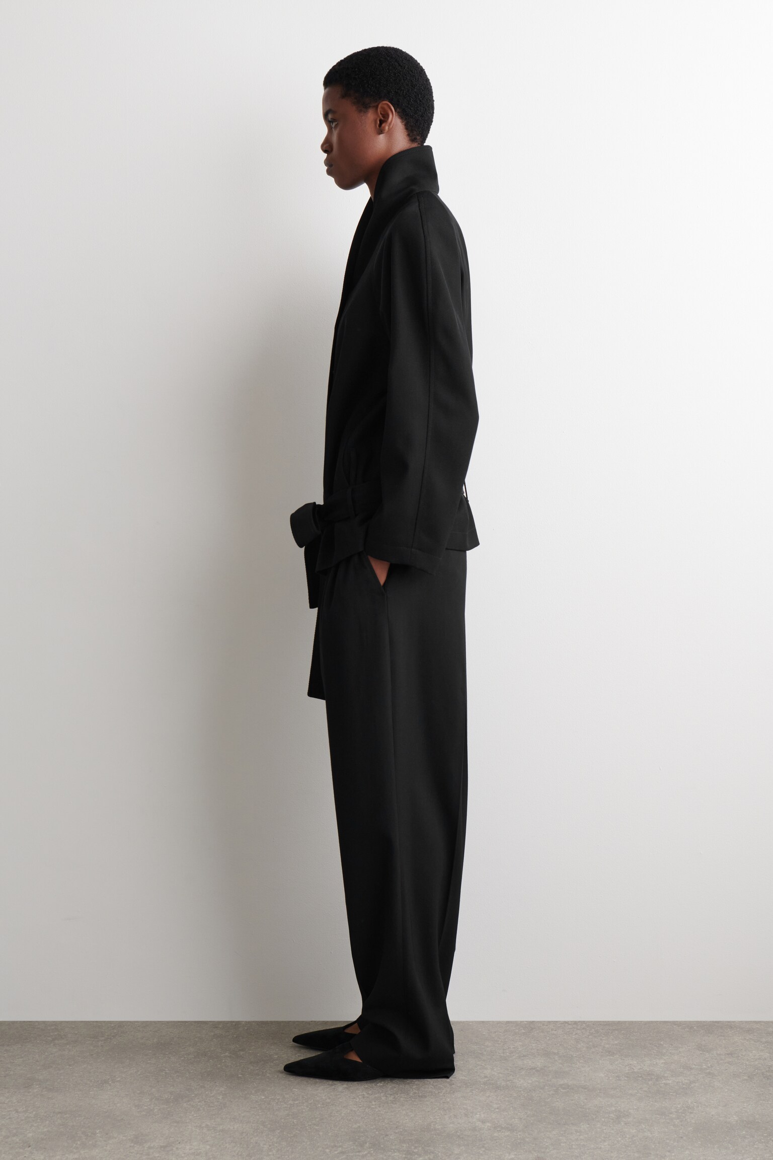 BELTED WOOL-BLEND SHAWL-COLLAR JACKET - BLACK - 7