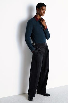 BELT-DETAIL CORDUROY RELAXED-FIT WIDE-LEG PANTS — CHARCOAL 7