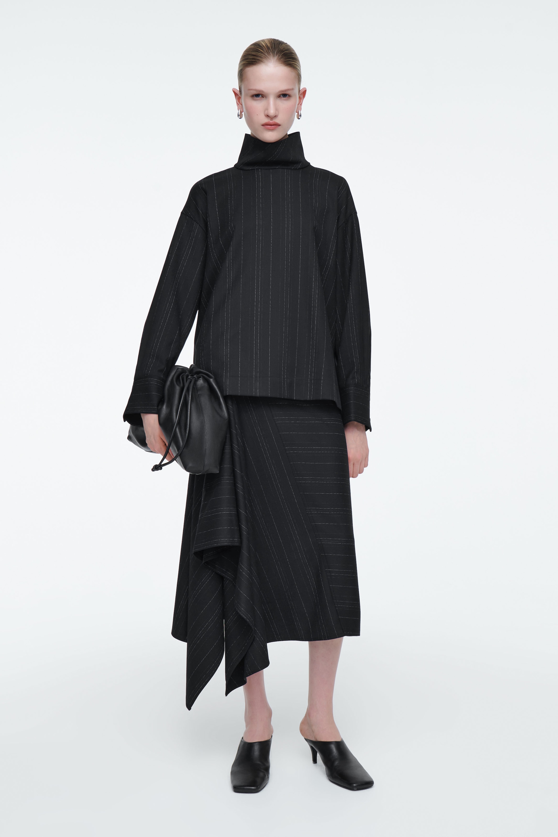 PINSTRIPED FUNNEL-NECK BLOUSE