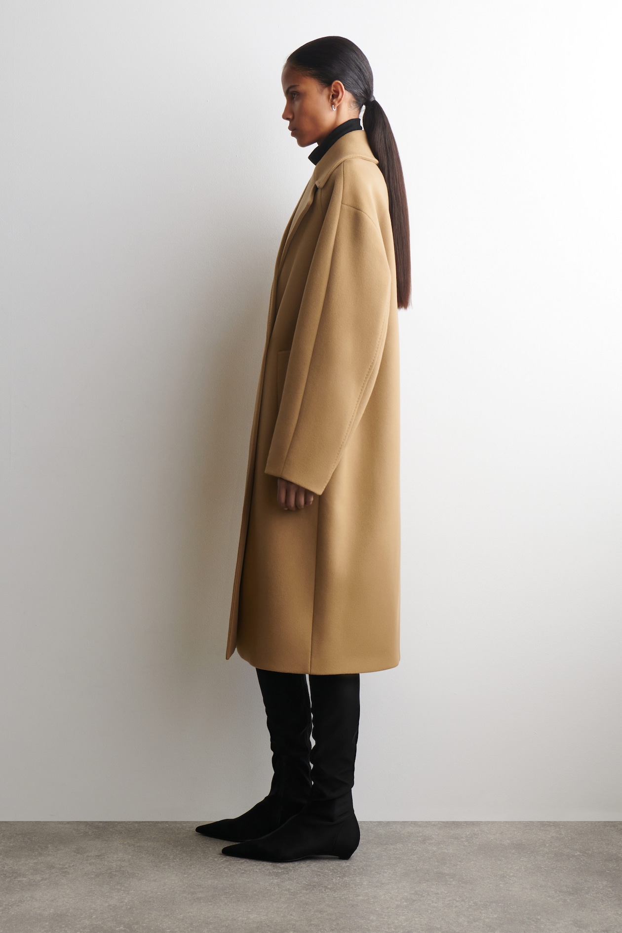 OVERSIZED DOUBLE-BREASTED WOOL LONG COAT — CAMEL