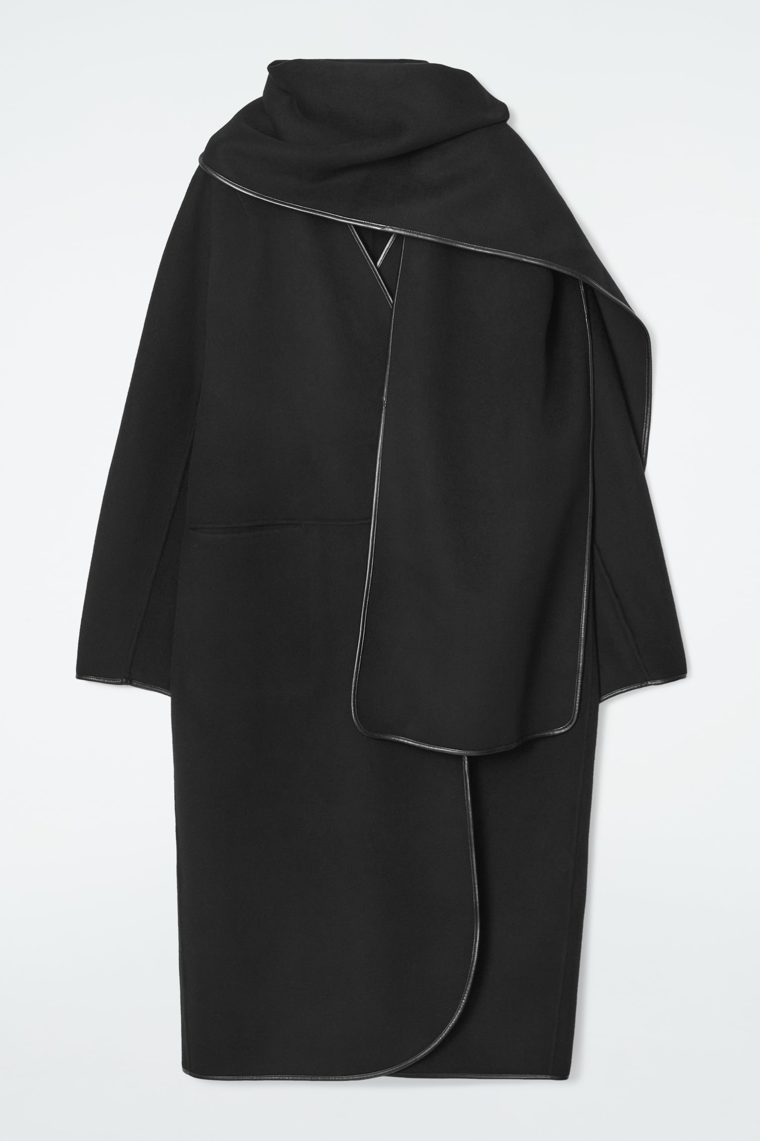 LEATHER-TRIMMED WOOL SCARF COAT - BLACK/BEIGE